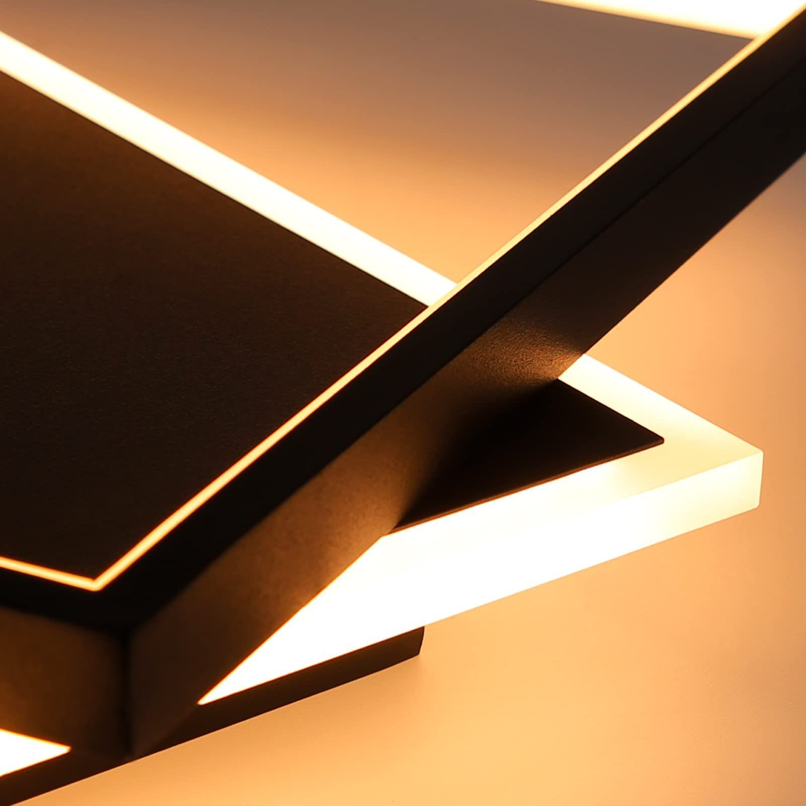 Geometryczna oprawa oświetleniowa sufitowa z podświetlanymi białymi liniami i czarnymi obramowaniami.