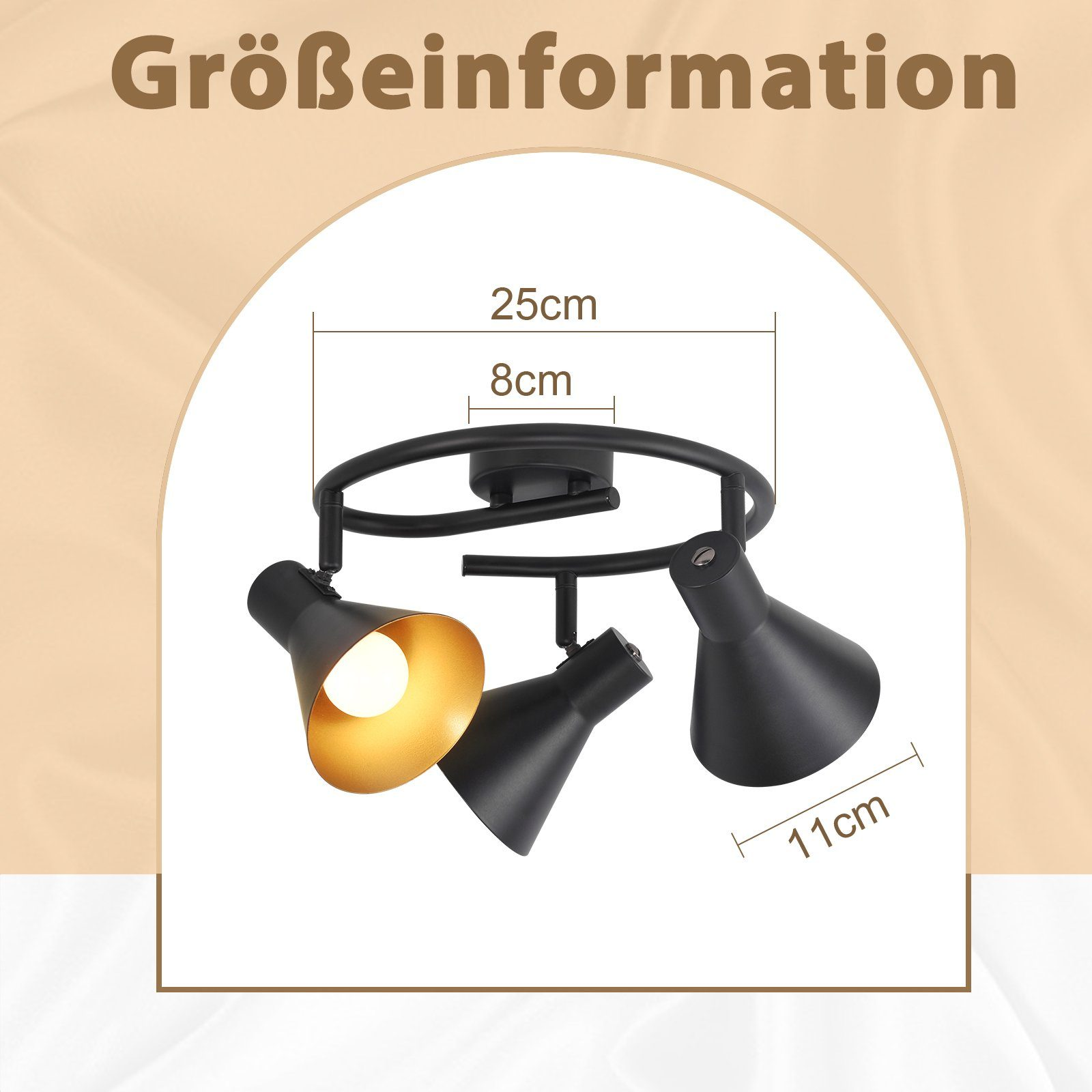 Faretti neri con misure su sfondo beige.