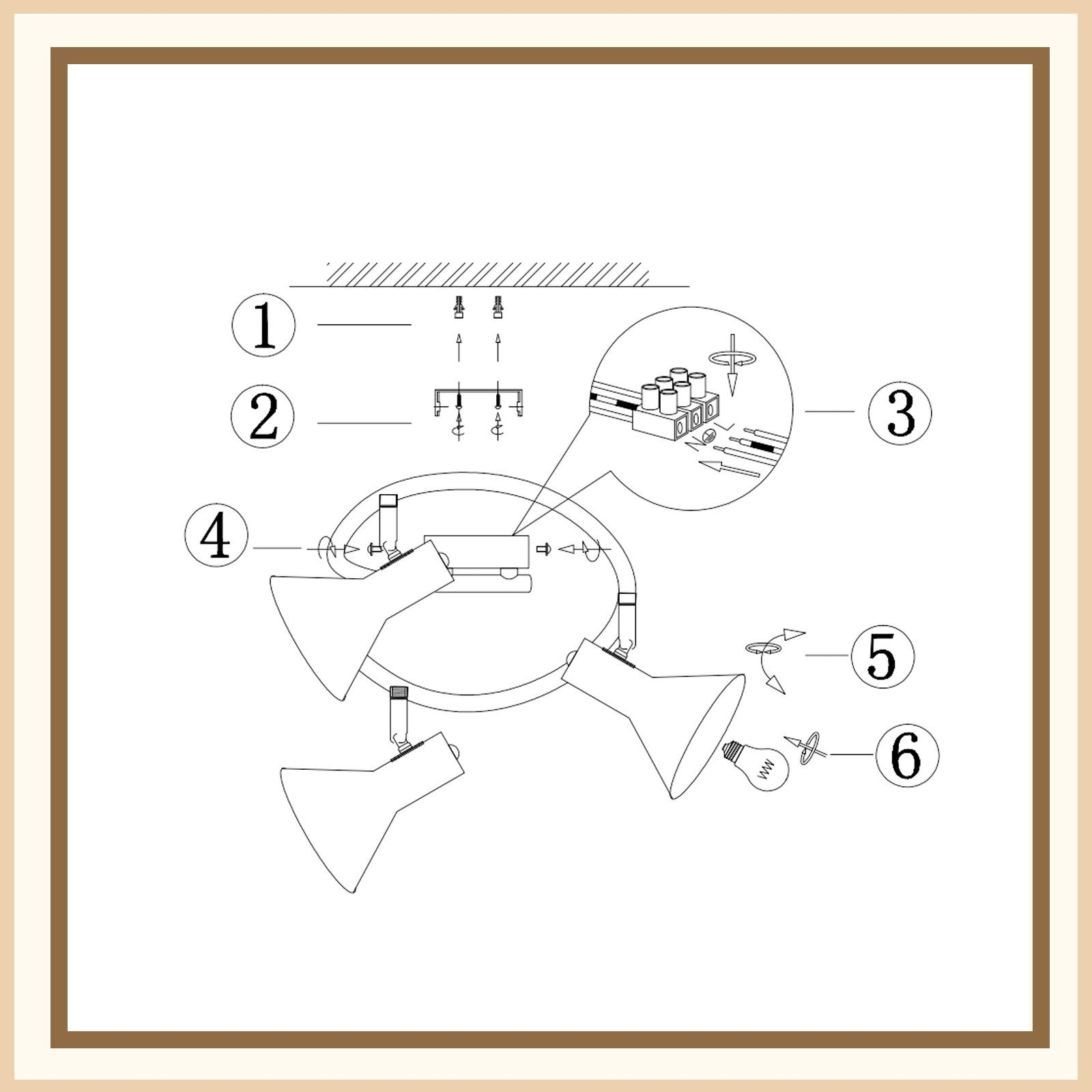 Schema di installazione di una lampada da soffitto con componenti etichettati e vista dettagliata dei collegamenti.