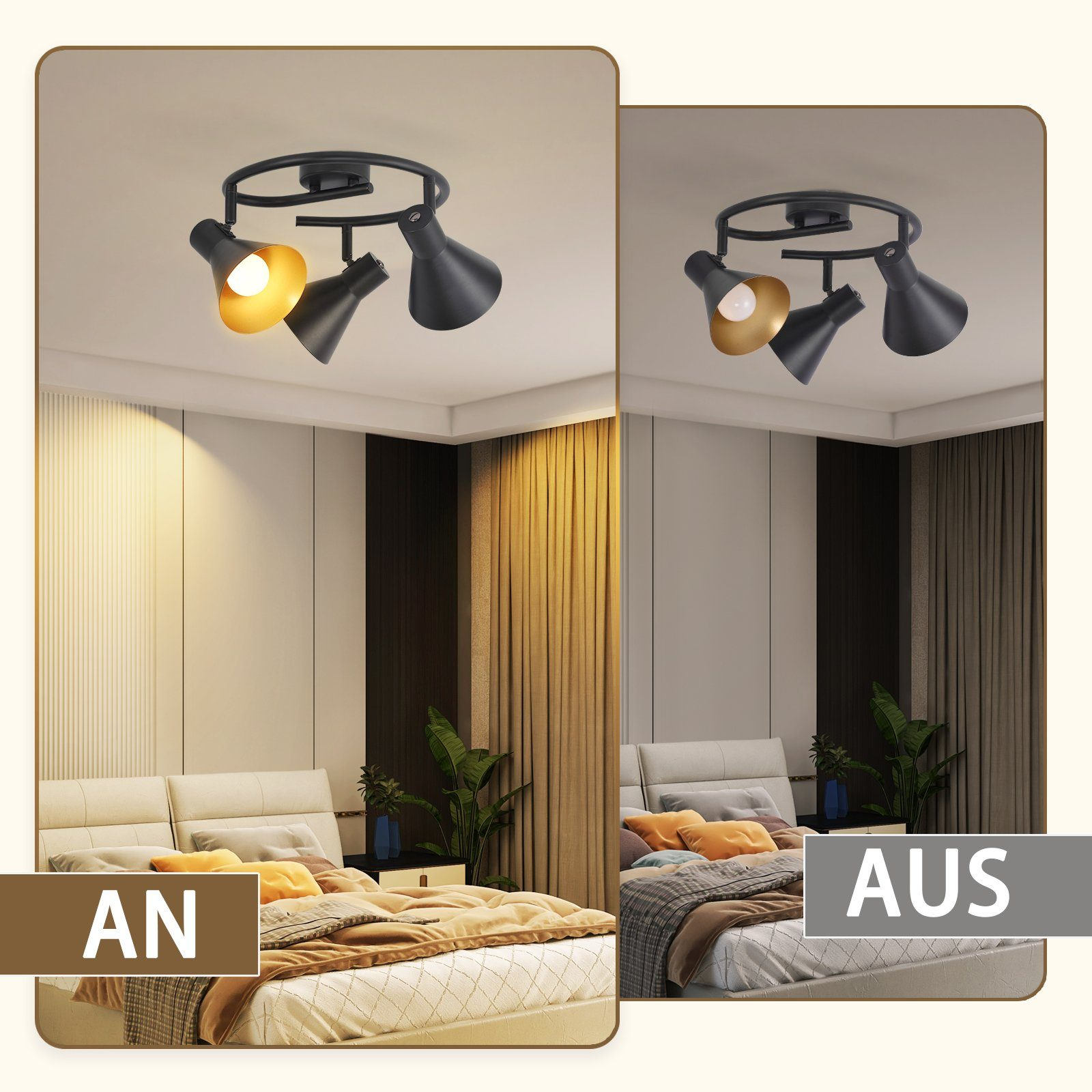 Scena della camera da letto con due immagini. Sinistra: luce calda. Destra: luce fredda. Lampade e letto visibili.