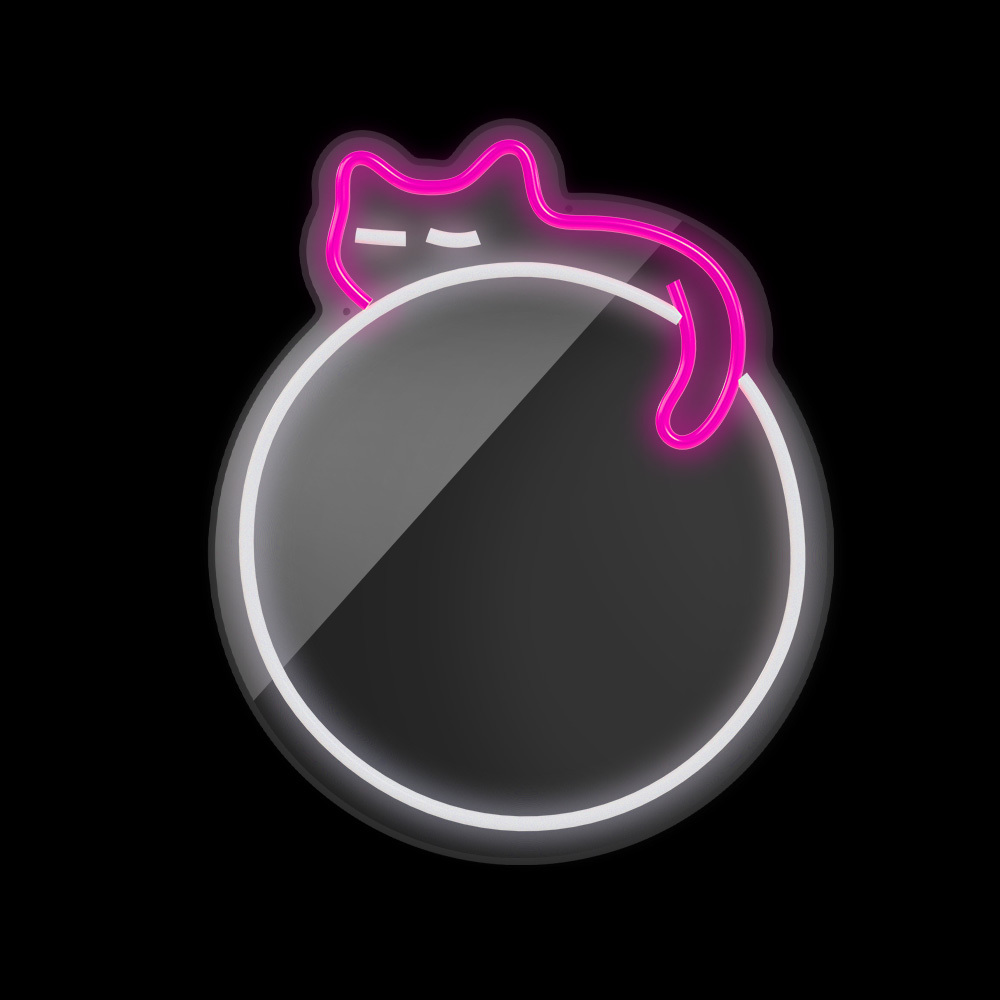 Fondo negro con contorno de gato rosa neón alrededor de un círculo. El círculo está parcialmente iluminado.