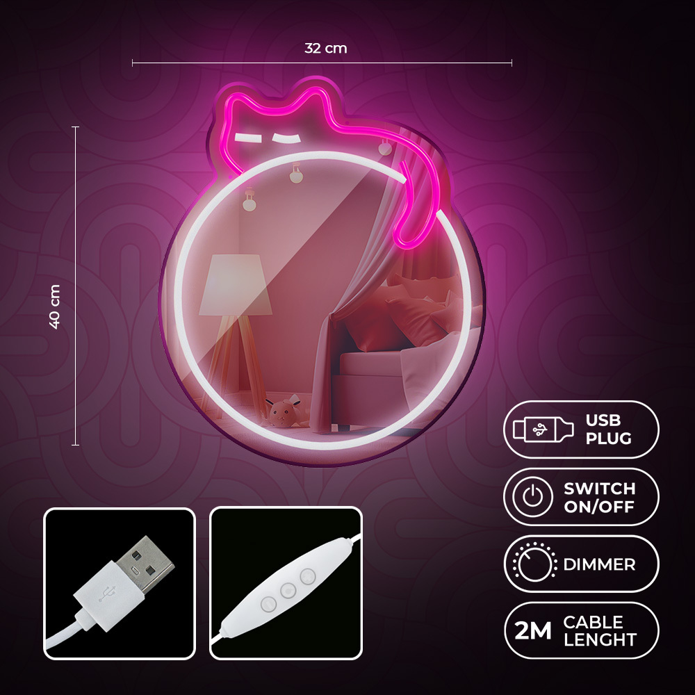 Letrero de neón de un adorno de gato con detalles de enchufe USB, interruptor, atenuador y longitud del cable.
