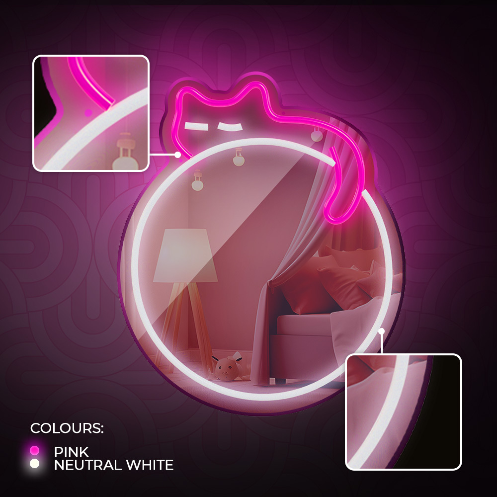 Forma de gato de neón rosa en un círculo, se ilumina. Texto: rosa, blanco neutro. Dos detalles insertados.