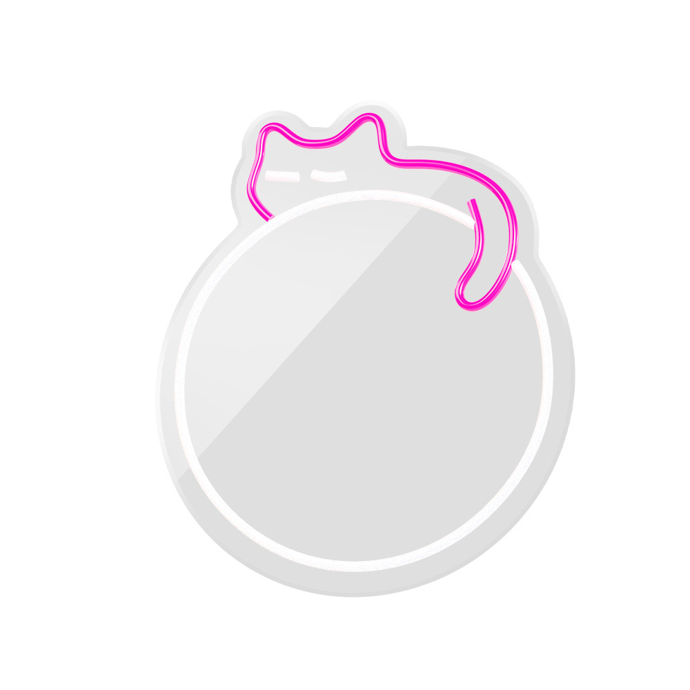 Un círculo blanco con una silueta de gato rosa encima.