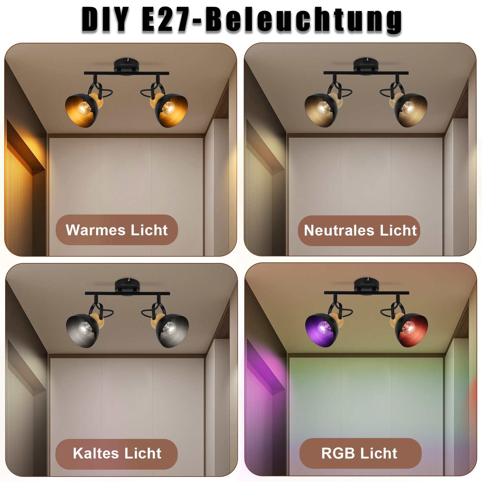 Cztery zdjęcia reflektorów sufitowych z różnymi kolorami światła. Opcje oświetlenia ciepłego, neutralnego, zimnego i RGB.