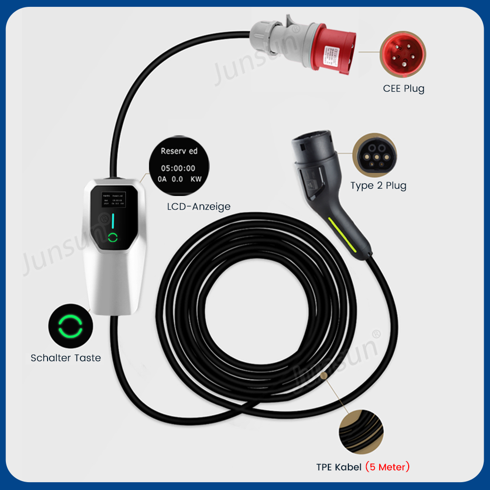 EV-Ladekabel mit mehreren Anschlüssen und einer Steuerbox, alles schwarz.