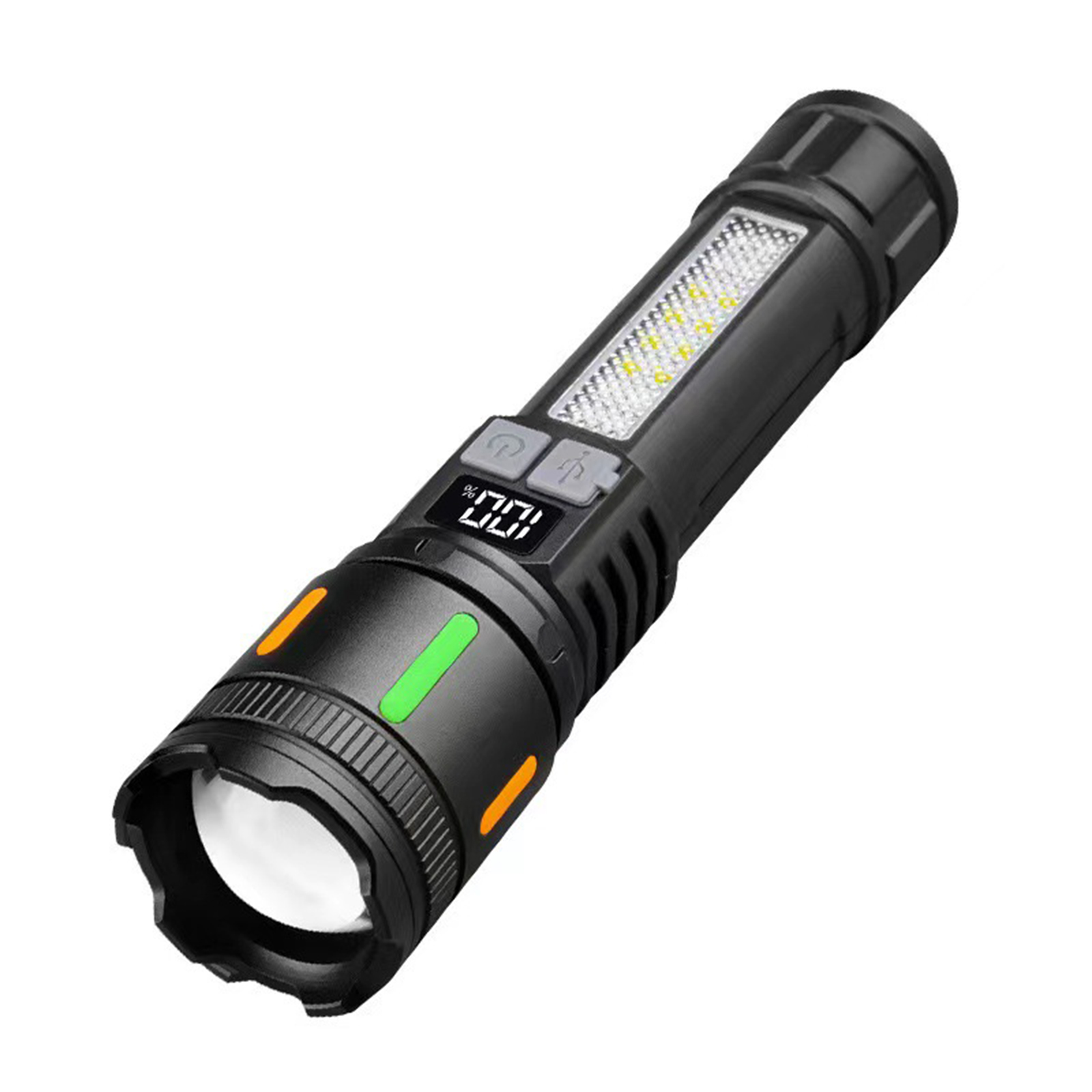 Eine schwarze Taschenlampe mit digitaler Anzeige und LED-Streifen. Orange und grün gefärbte Abschnitte sind sichtbar.