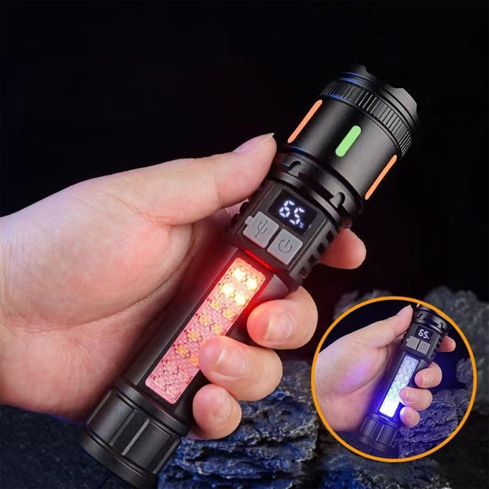 Eine schwarze und rote Taschenlampe wird von einer Hand gehalten. In der Ecke befindet sich eine kleinere Version der Taschenlampe.