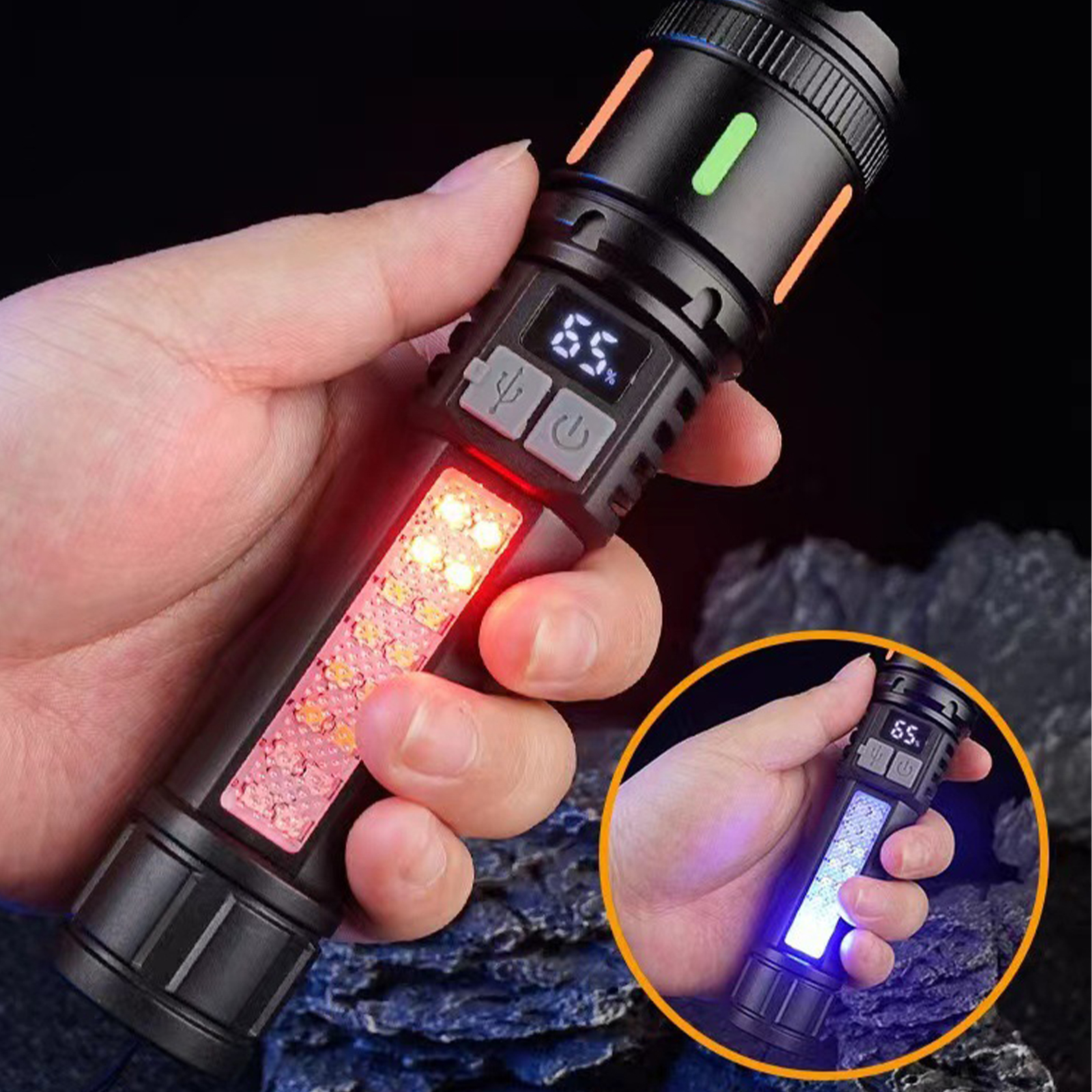 Eine Hand hält eine schwarze Taschenlampe mit einer Digitalanzeige mit 65 %. Rotes und weißes Licht.