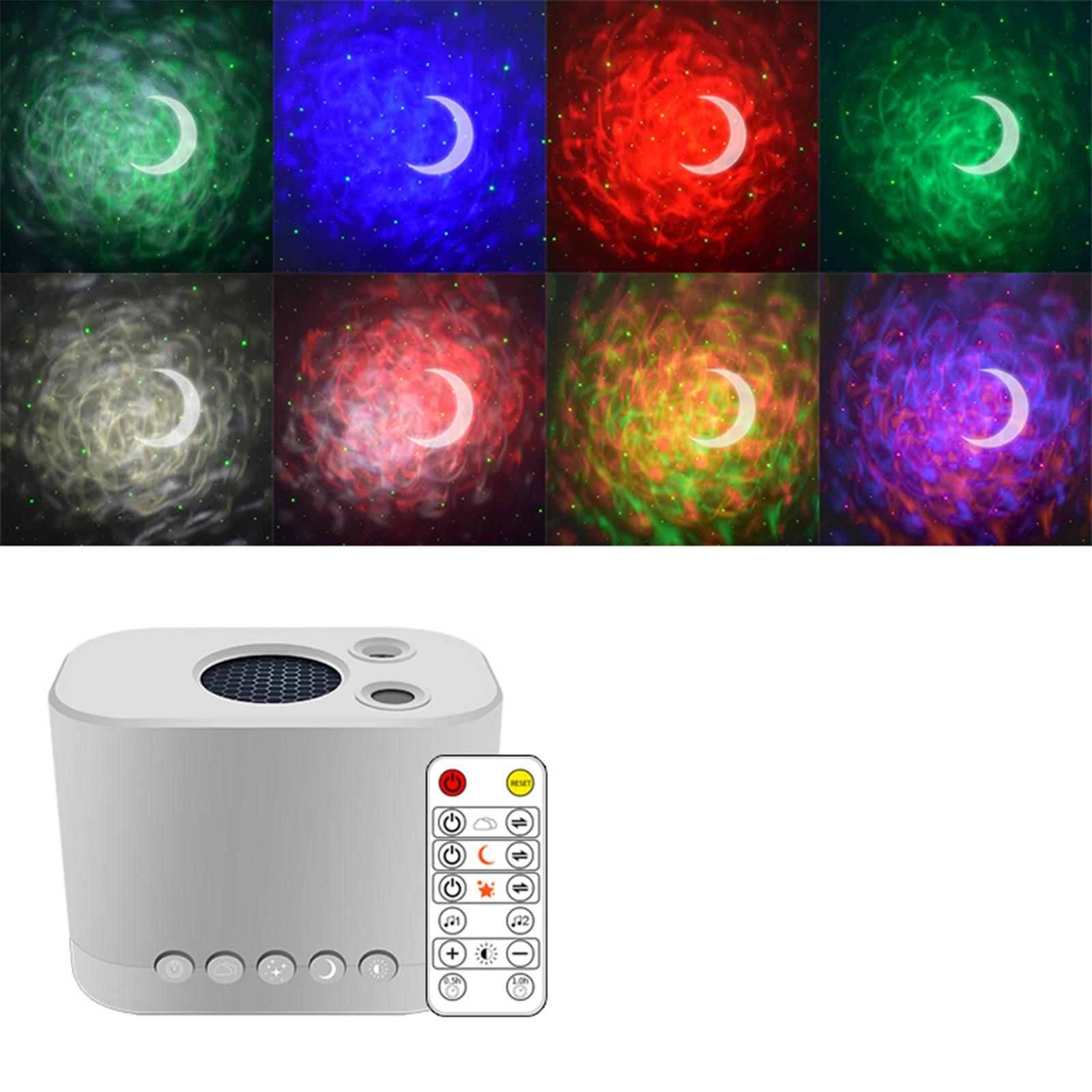 Ein weißes Gerät, das mehrere Farben von mondförmigen Lichtern auf eine Oberfläche projiziert. Fernbedienung in der Nähe.