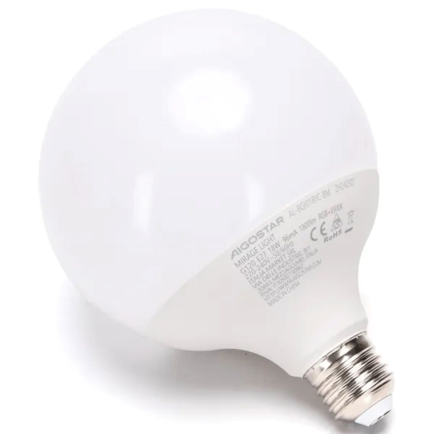 Biała, okrągła żarówka LED ze specyfikacjami na podstawie. Na białym tle.