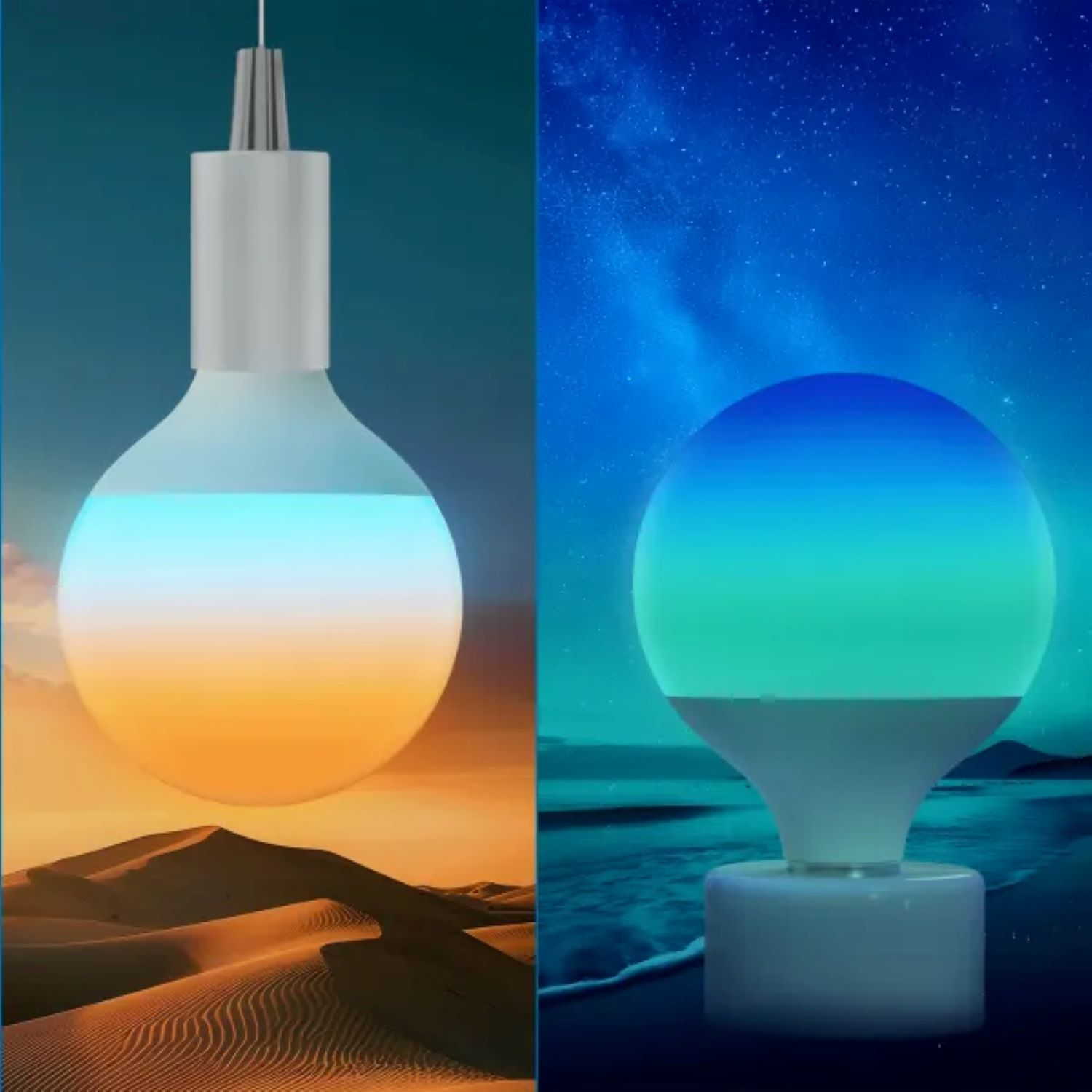 Dwie żarówki, jedna pomarańczowa, druga niebieska. Tła pustyni i nocnego nieba.