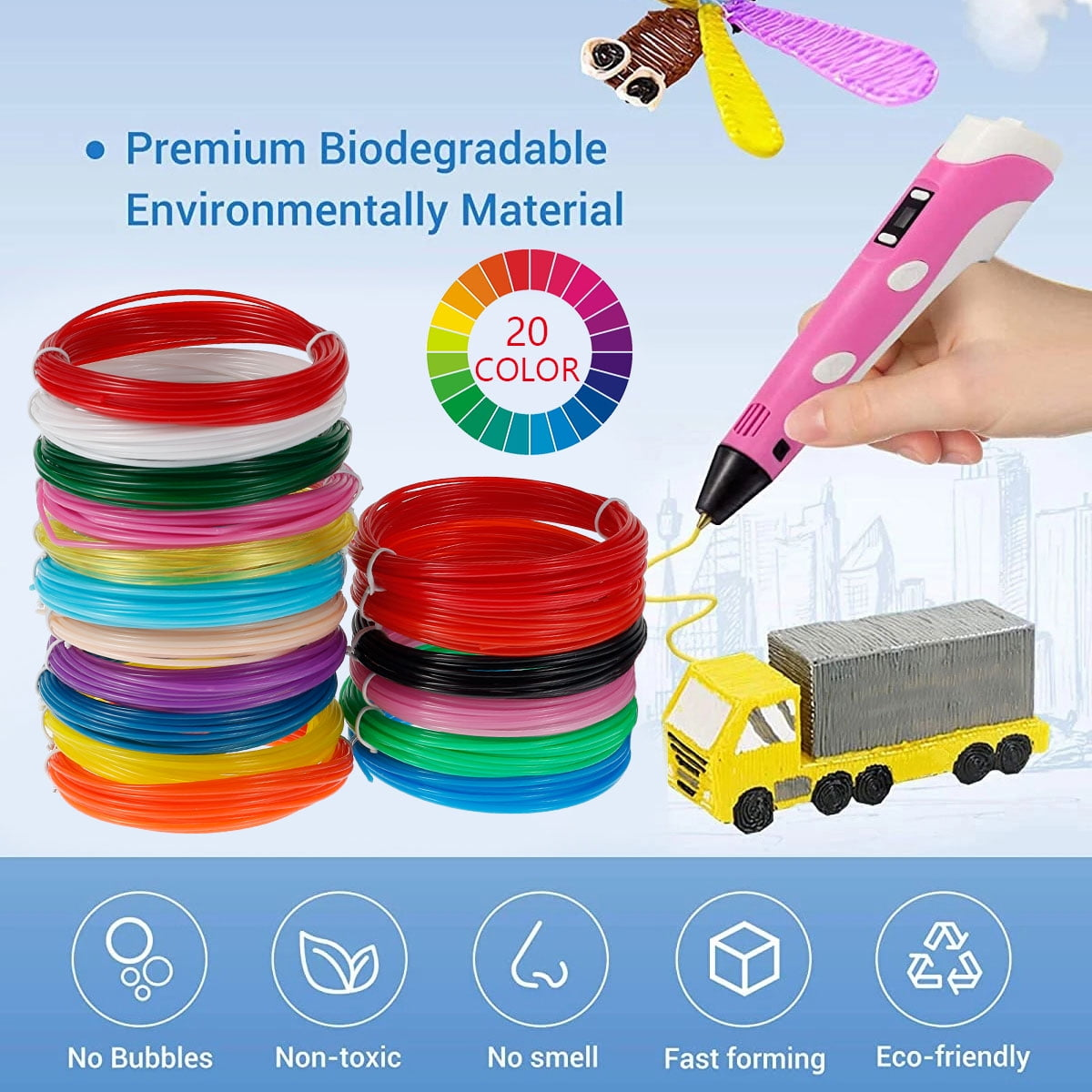Ein 3D-Stift mit farbigen Filamenten, ein gelber LKW und andere 3D-Modelle.