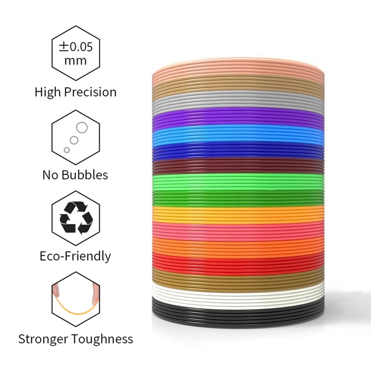Ein Stapel 3D-Druckfilamente, mit Symbolen und Text.