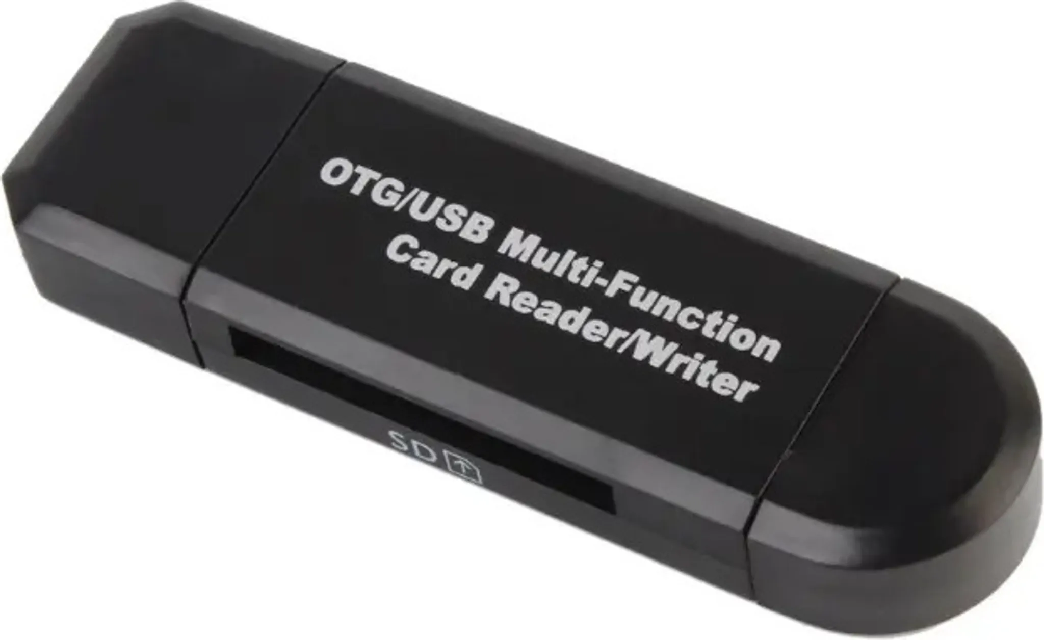 Schwarzer OTG/USB Multifunktions-Kartenleser/-schreiber. Das Gerät ist auf Weiß abgewinkelt.