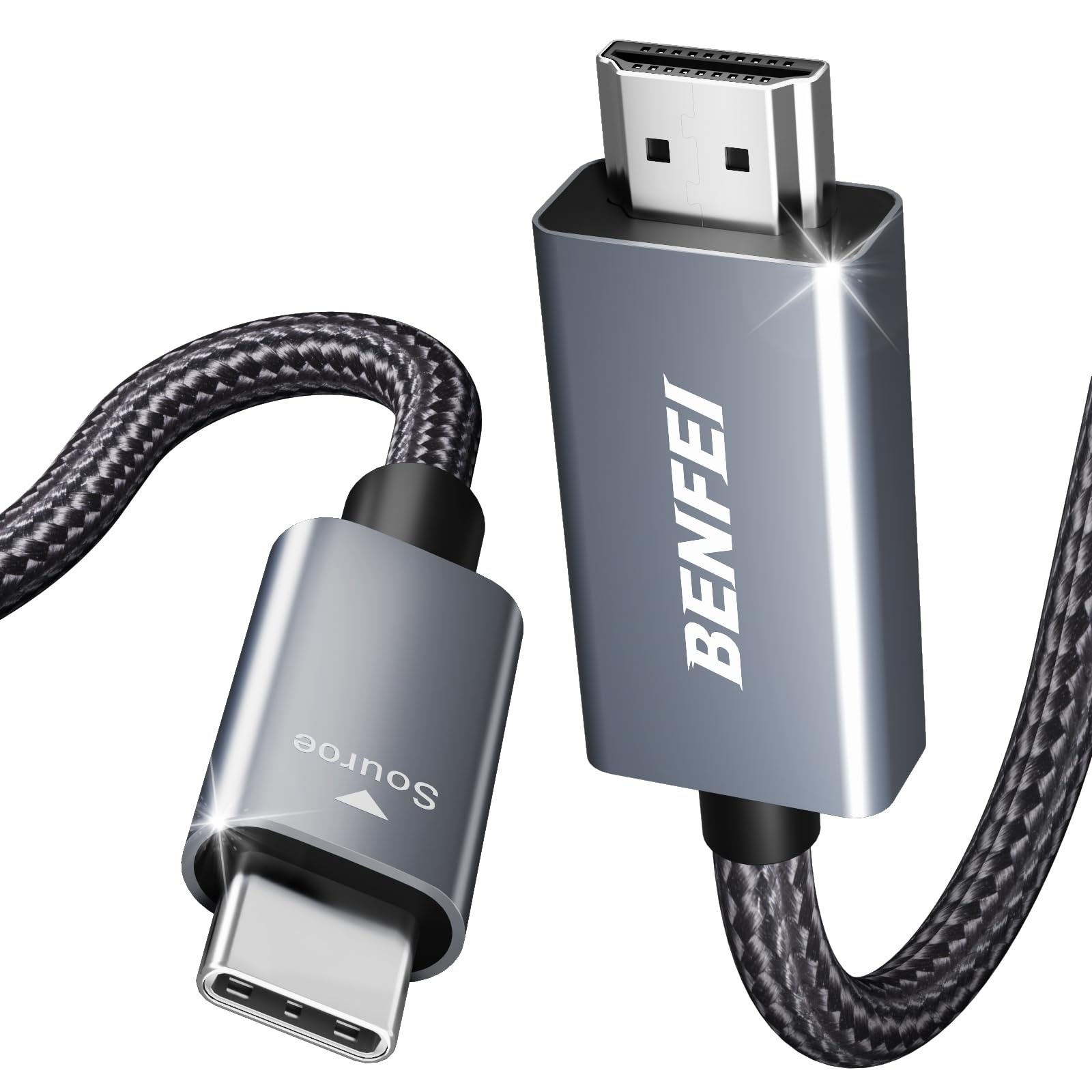 Ein USB-C-zu-HDMI-Kabel mit einem schwarzen geflochtenen Kabel.