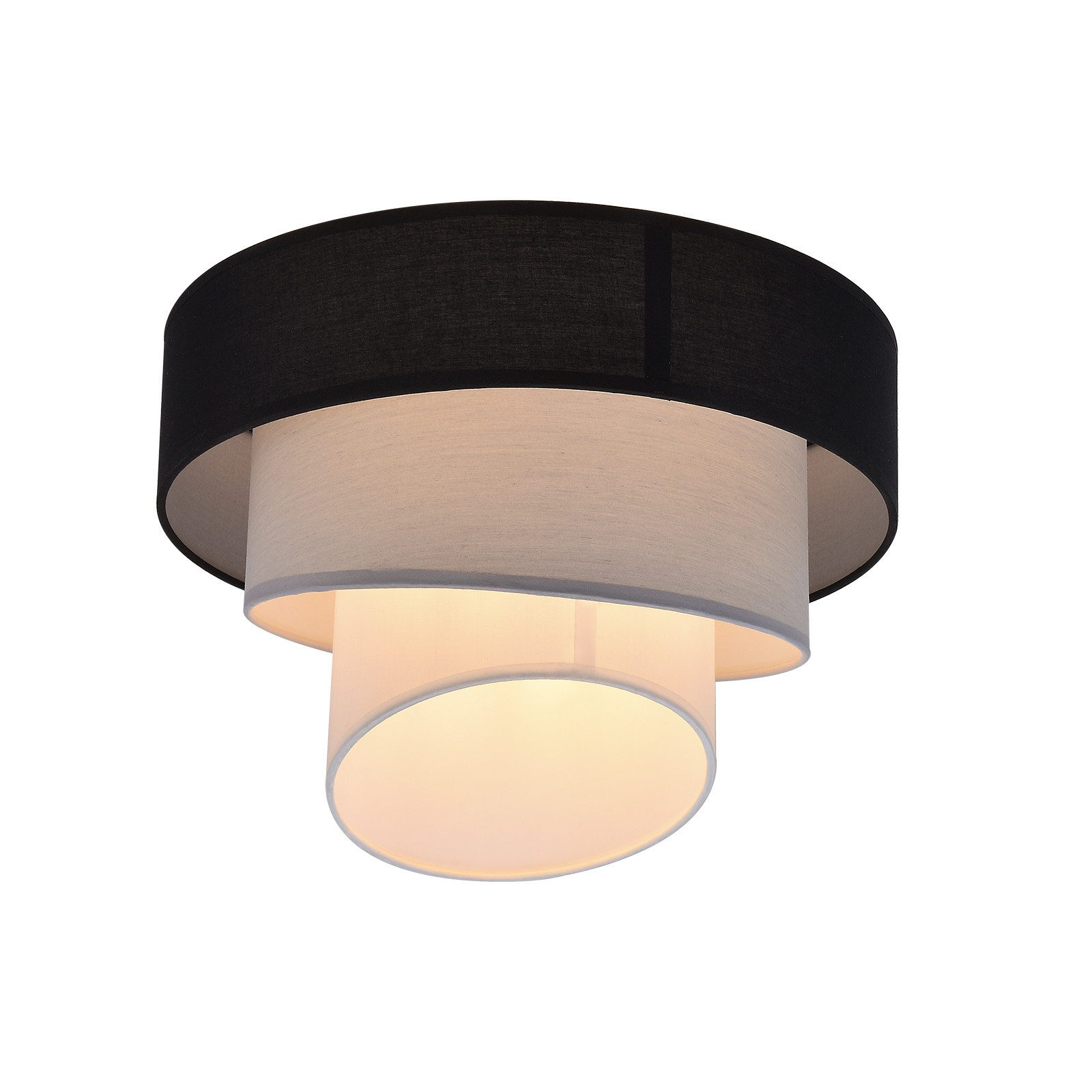 Lampada da soffitto a tre livelli con paralumi cilindrici neri, bianchi e bianco sporco, isolata su bianco.