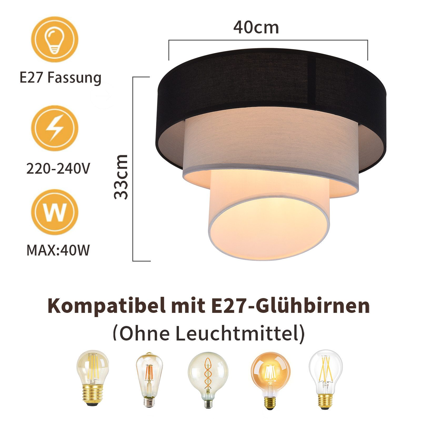 Lampada da soffitto moderna con paralumi bianchi e neri e descrizioni testuali.