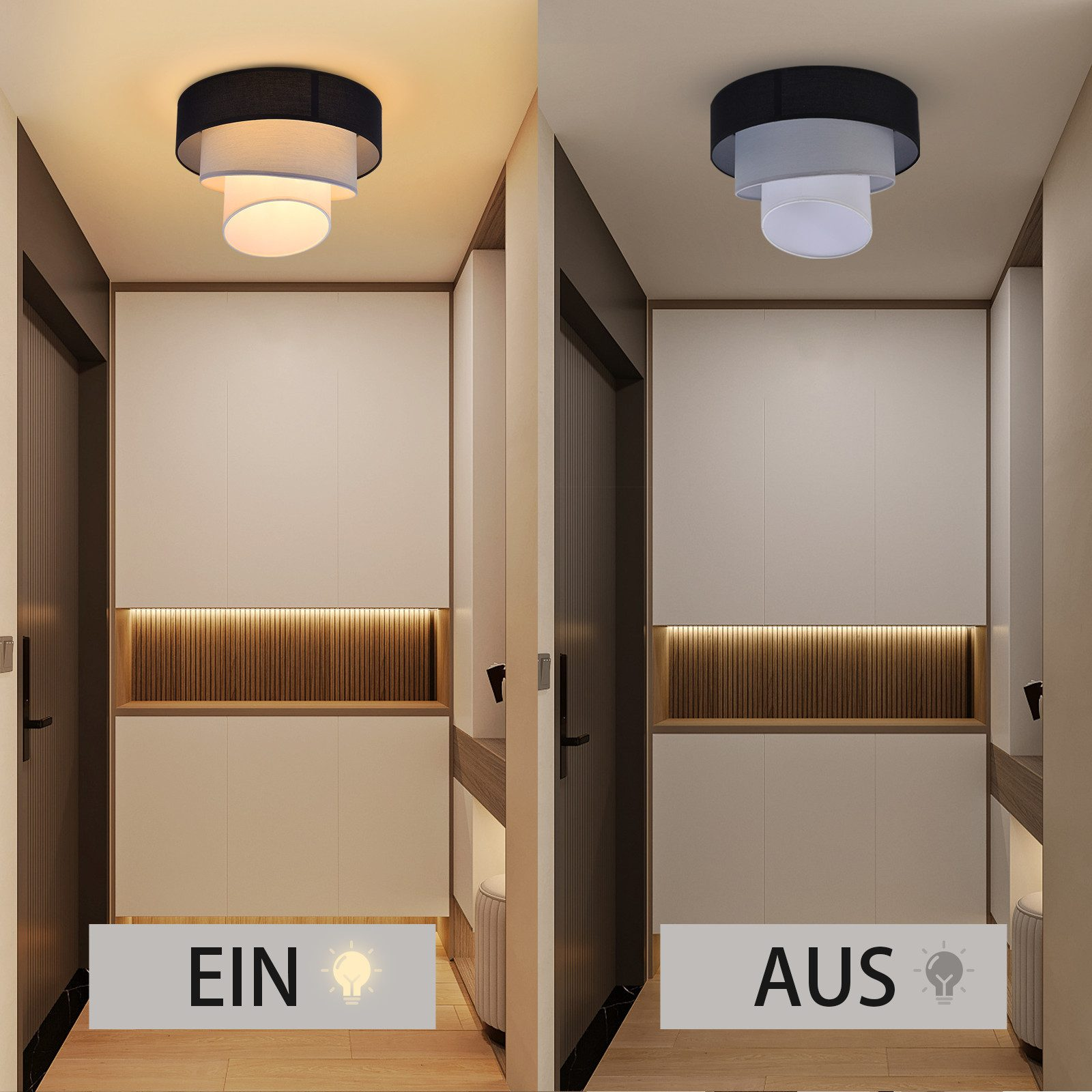 Una scena di corridoio con una luce a soffitto, che mostra la luce accesa e spenta per dimostrare la sua funzione.