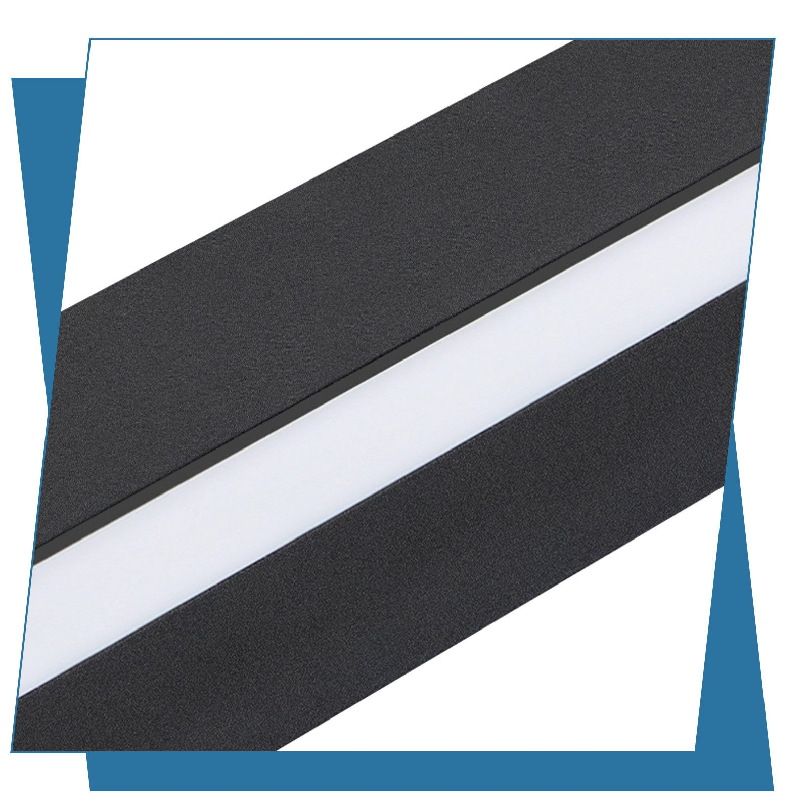 Primo piano: superficie nera con striscia di luce bianca. Cornice blu e composizione diagonale.