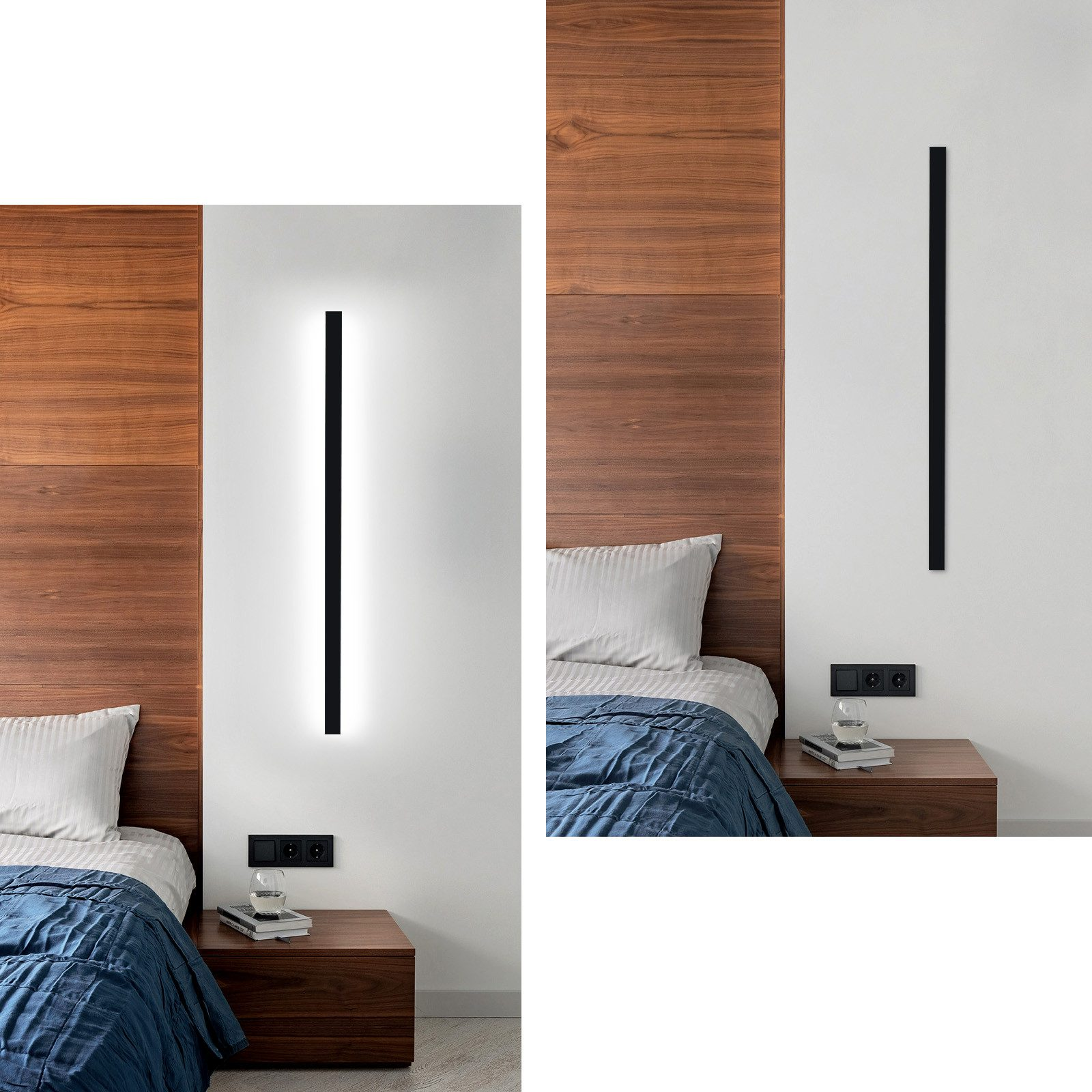 Camera da letto con una lampada nera a parete. Testata e comodino in legno visibili.