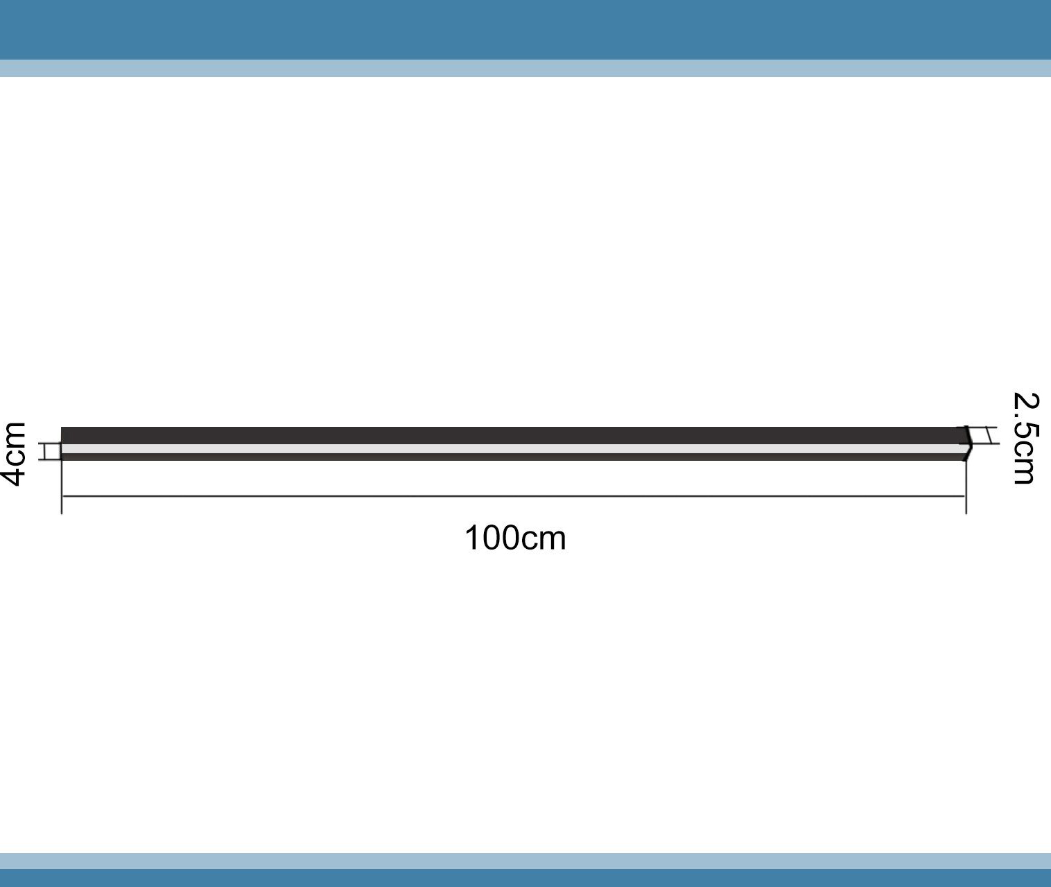 Diagramma di un rettangolo nero. Dimensioni: 100cm lungo, 4cm alto, 2.5cm spesso.