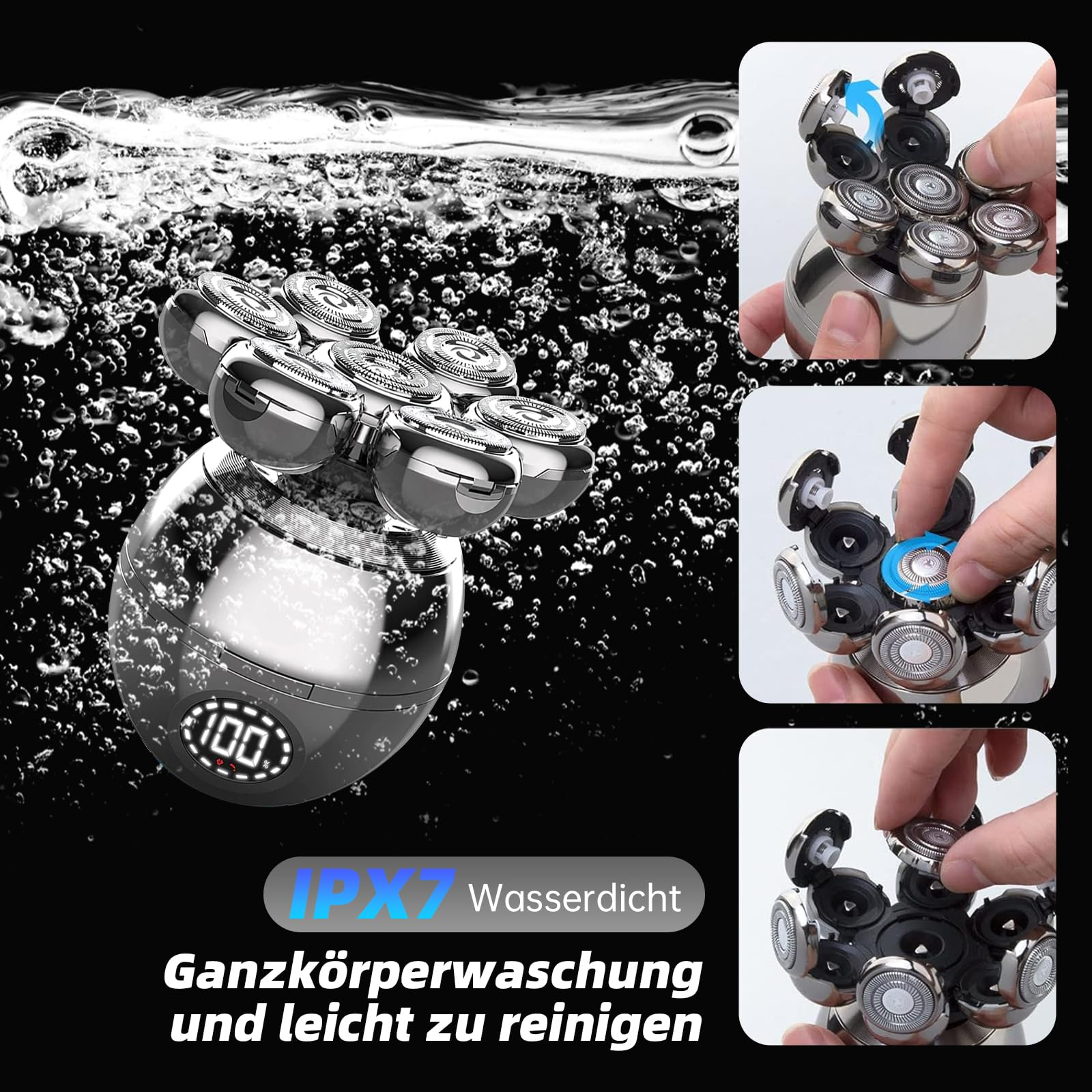 Ein elektrischer Rasierer mit mehreren Klingen, unter Wasser, mit Details.