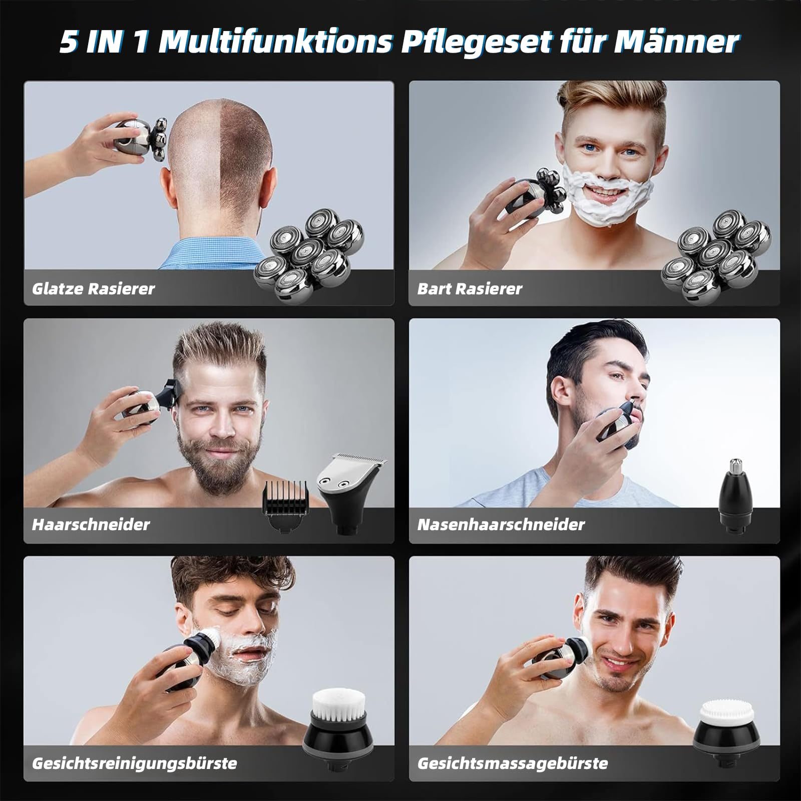 Männer-Pflegeset mit verschiedenen Rasierwerkzeugen. Enthält Barttrimmer, Haarschneider und Gesichtsbürsten.