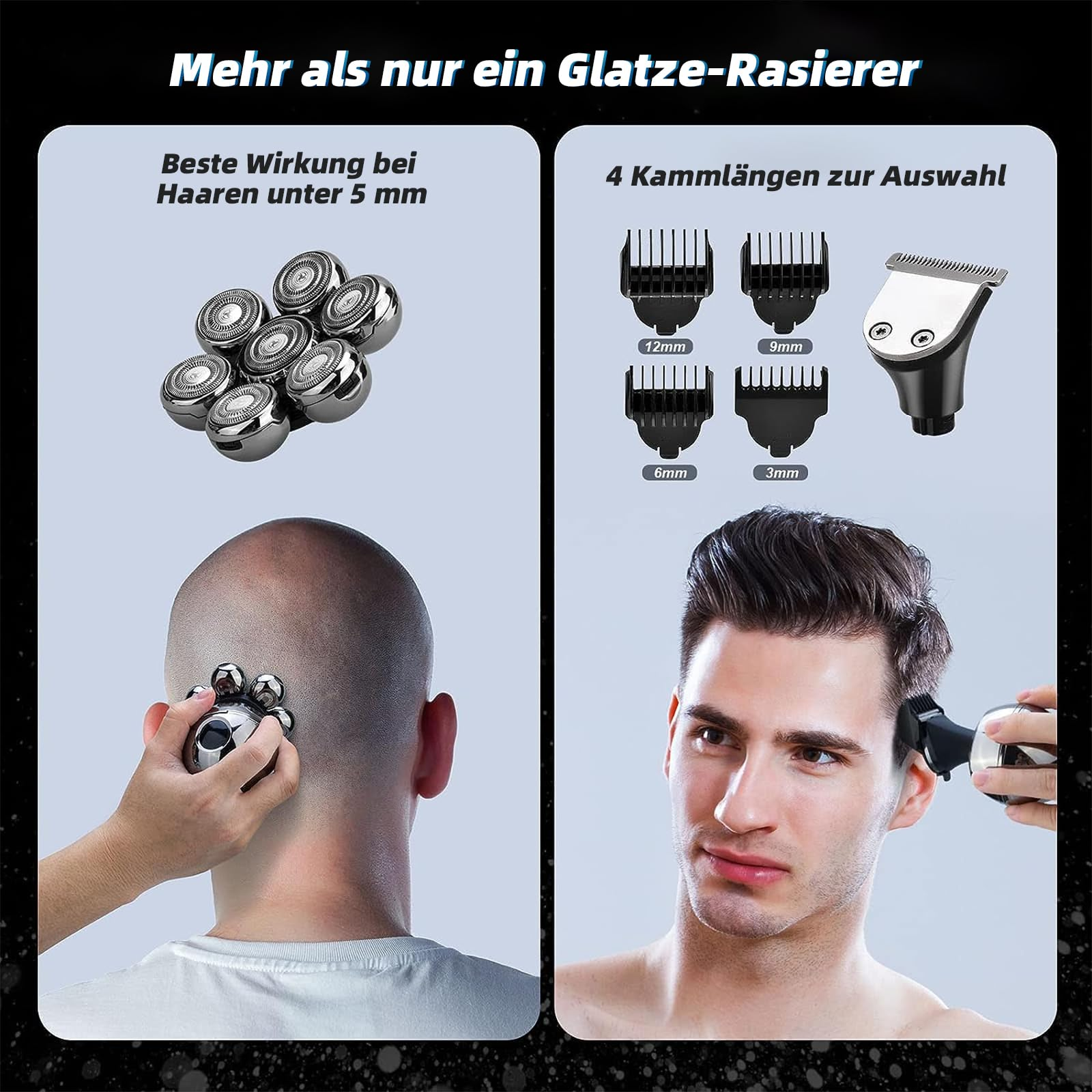 Bilder, die Haarschneider und Rasierer zeigen. Einer zeigt Rasierkopf, einer zeigt verschiedene Längen zum Trimmen, Person rasiert sich.