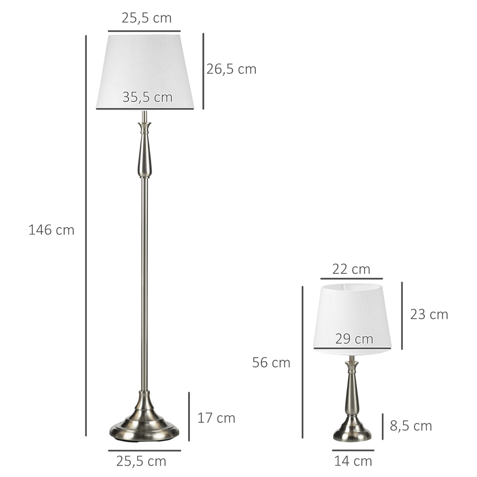 Steh- und Tischlampe mit Abmessungen. Beide Lampen haben weiße Schirme und sind auf weißem Grund.