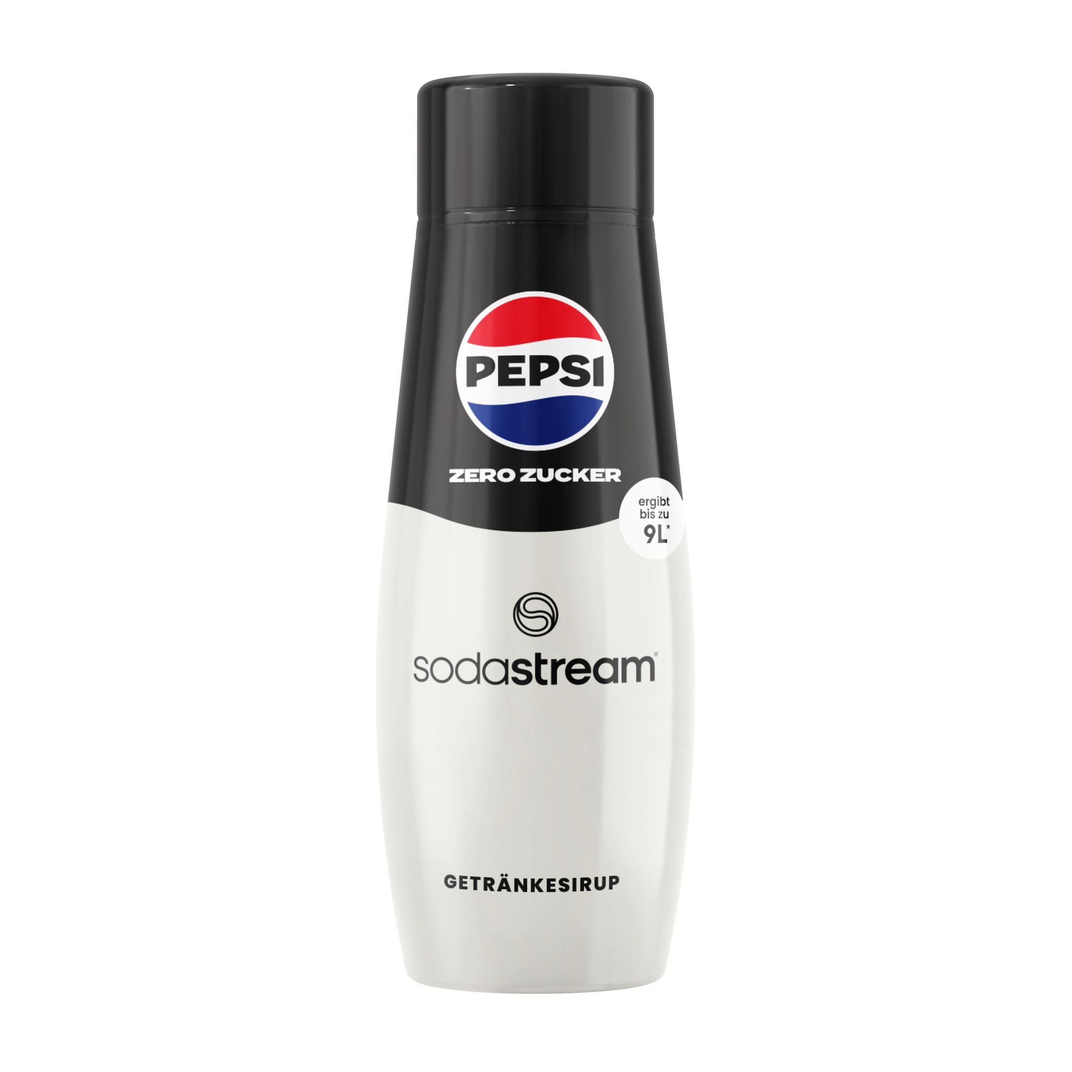 Pepsi Zero Zucker Sirupflasche mit weißem und schwarzem Design, Pepsi-Logo und Text.