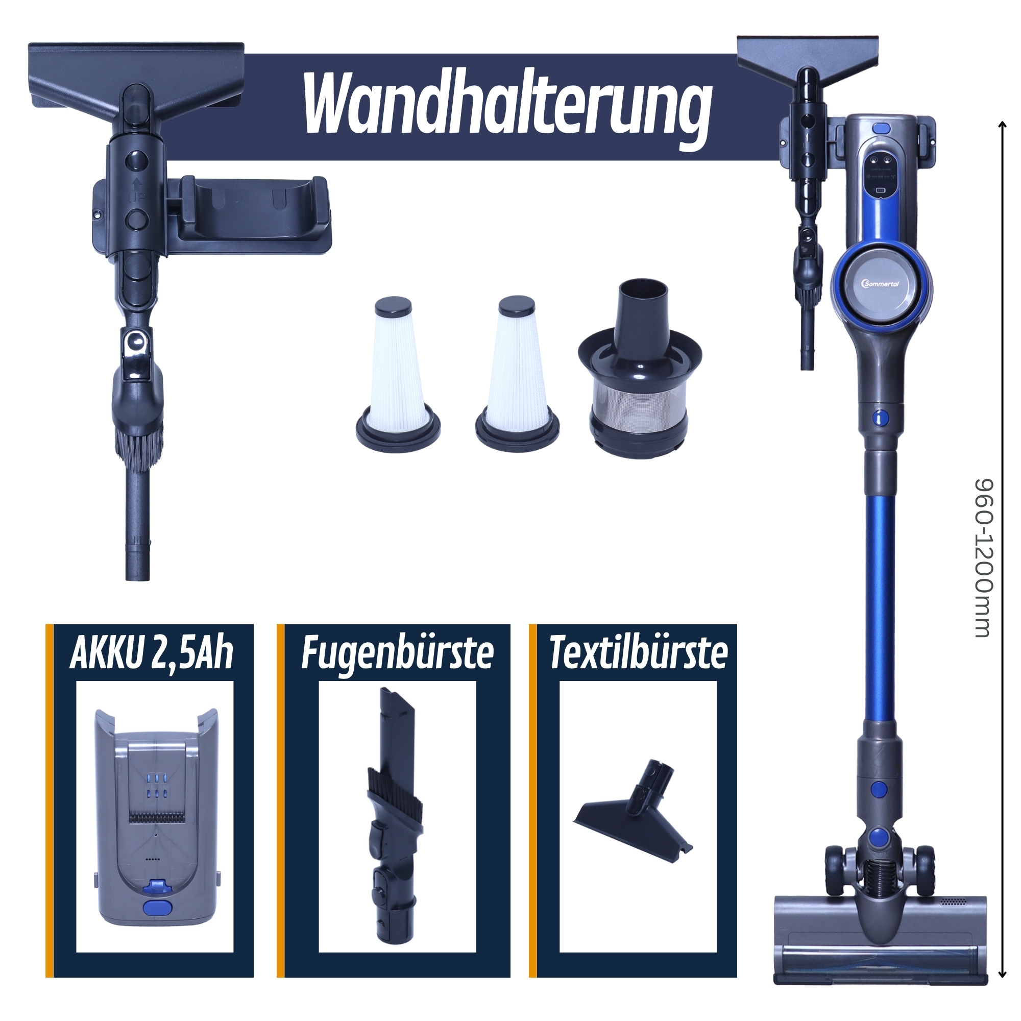 Ein kabelloser Staubsauger mit Zubehör auf weißem Hintergrund, und Text auf Deutsch.