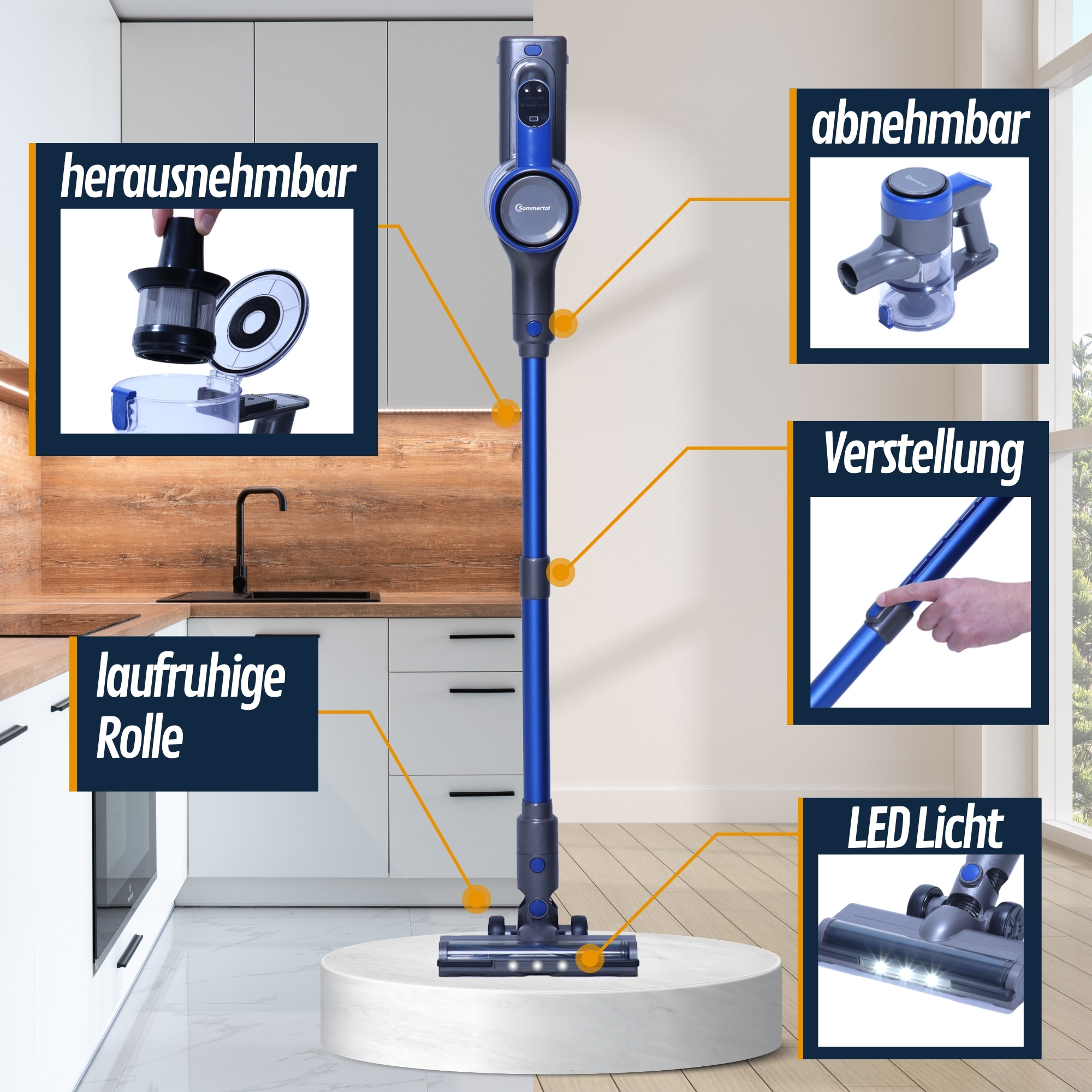 Ein blauer und silberner kabelloser Staubsauger. Er wird mit beschrifteten Komponenten gezeigt.