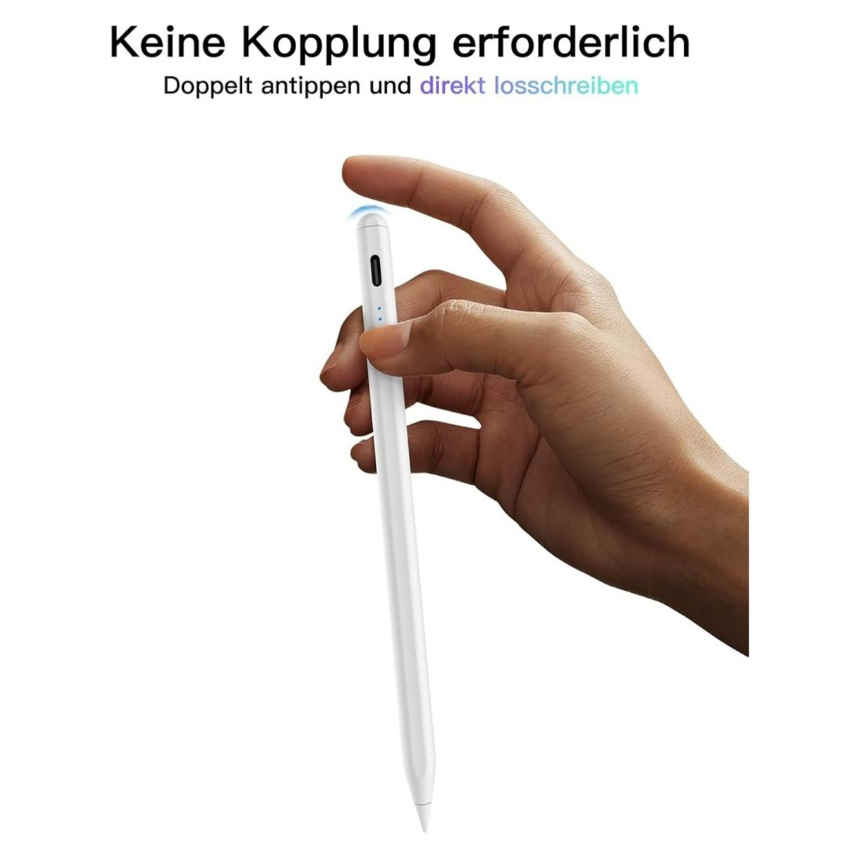 Ein weißer Stift in einer Hand gehalten. Text: 'Keine Kopplung erforderlich'.