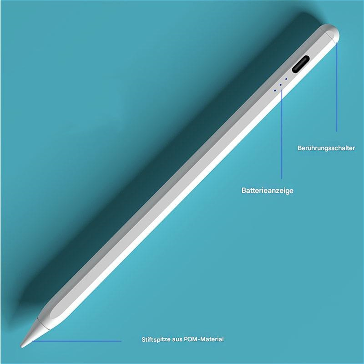 Weißer Stylus-Stift auf blauem Hintergrund. Text: "Spitze aus POM-Material". Batterieanzeige.