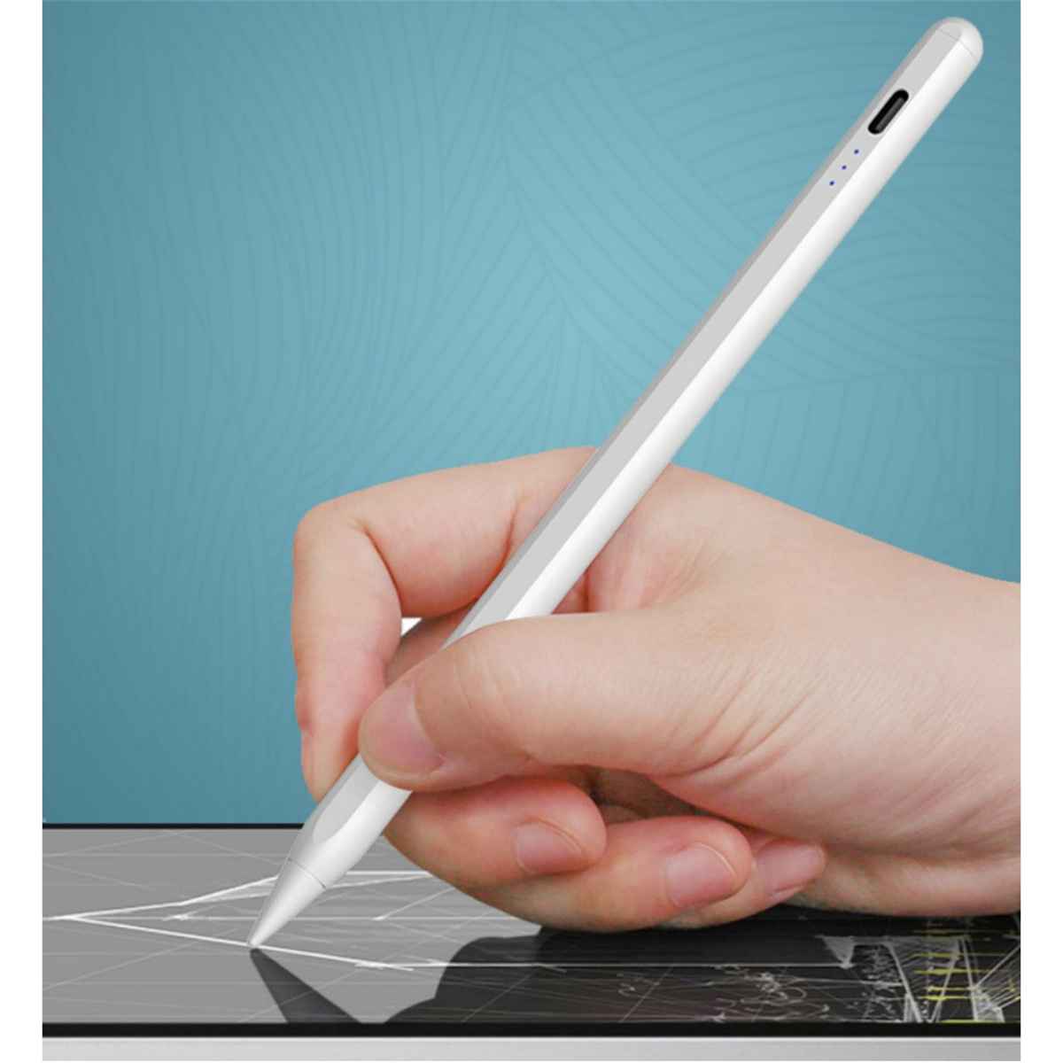 Die Hand einer Person, die einen weißen Stift über einem Tablet hält.
