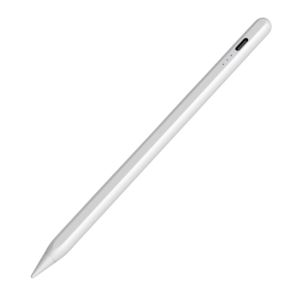 Weißer Stylus-Stift. Schlankes Design, leicht angewinkelt an der Spitze, mit drei kleinen blauen Lichtern oben.