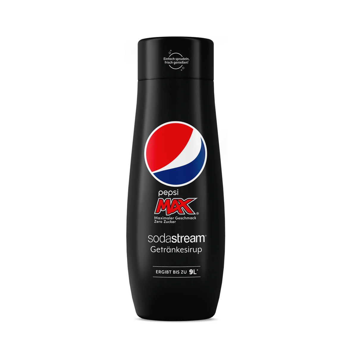 Eine schwarze Pepsi Max Soda-Sirup-Flasche mit einem rot-weiß-blauen Logo.