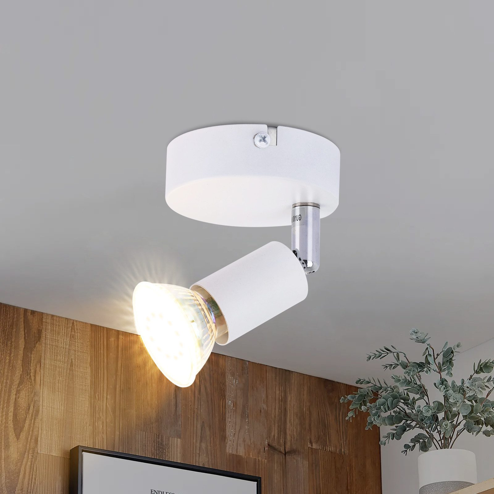 Un faretto bianco sul soffitto che punta verso una parete in legno e un'opera d'arte.