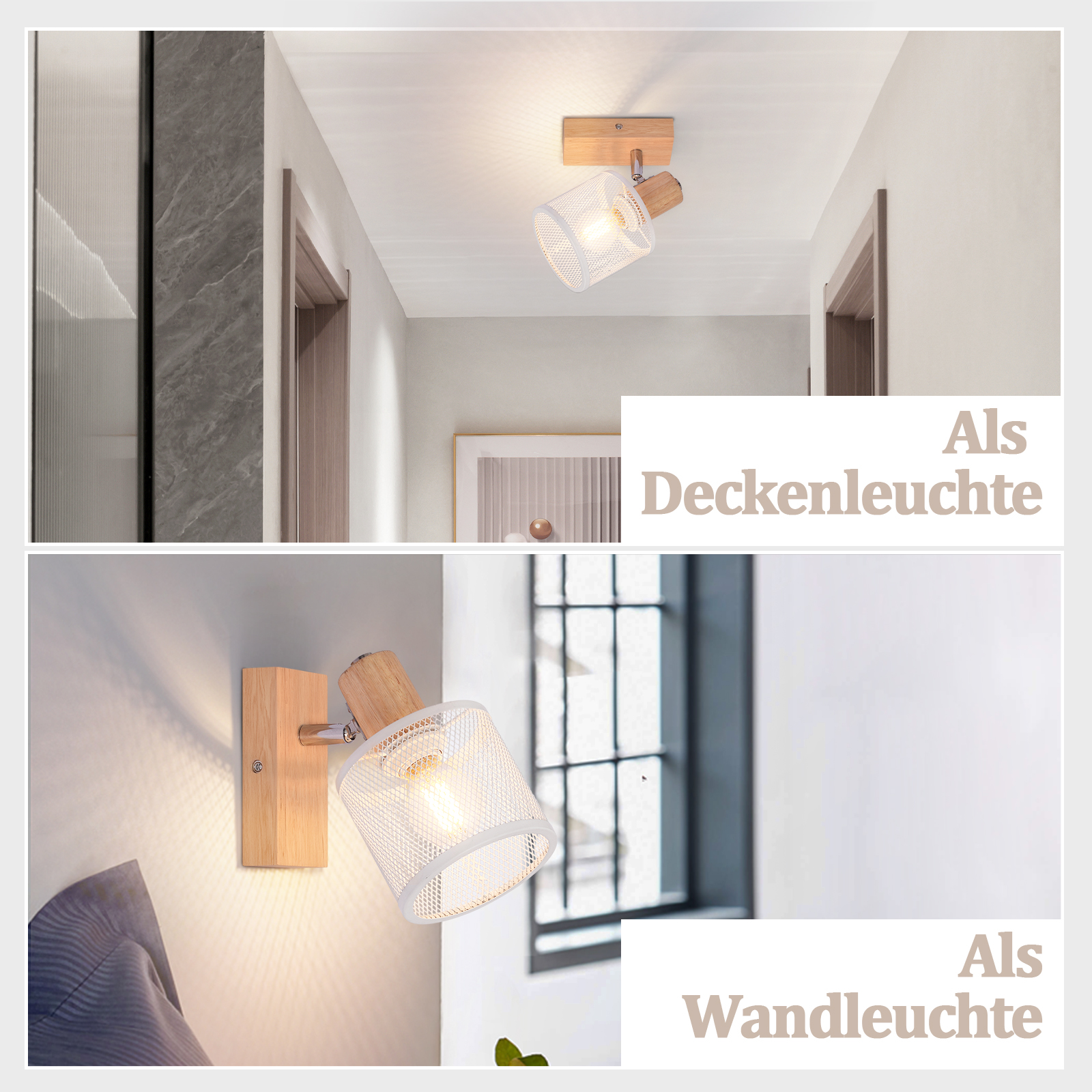 Due immagini di un apparecchio di illuminazione a soffitto e a parete con dettagli in legno e paralume a rete metallica.