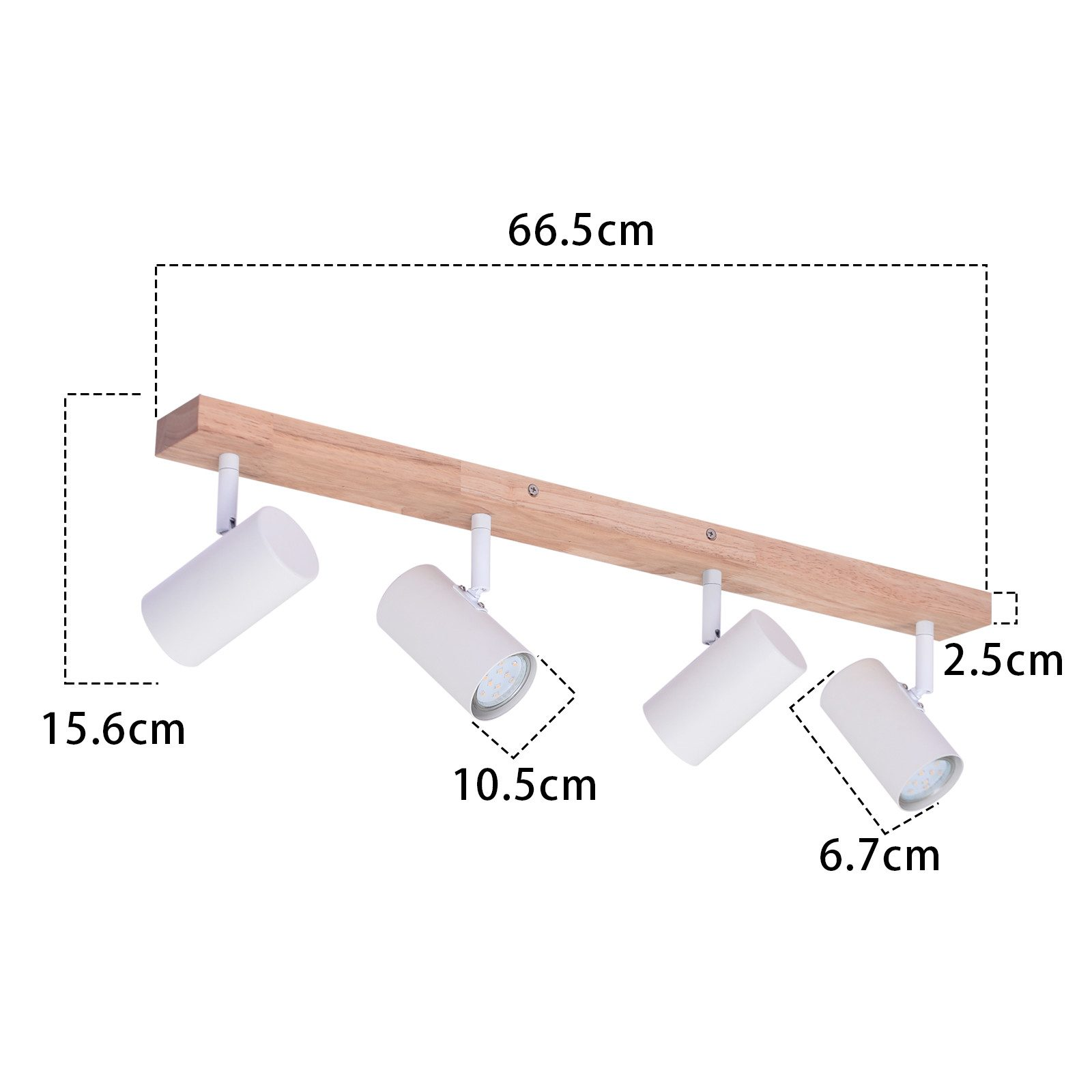 Trave in legno con quattro faretti bianchi. Le misure sono indicate.