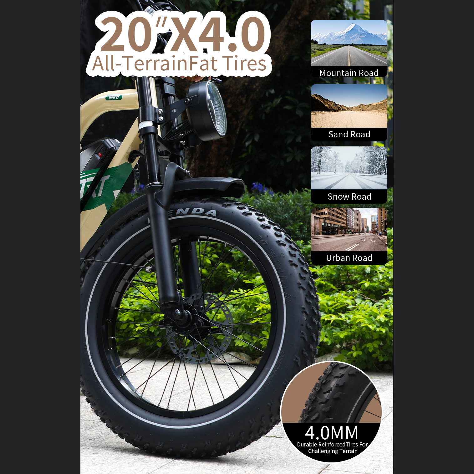 Czarny rower terenowy z grubymi oponami. Opony to 20x4.0 z trwałymi, wzmocnionymi oponami 4,0 mm.