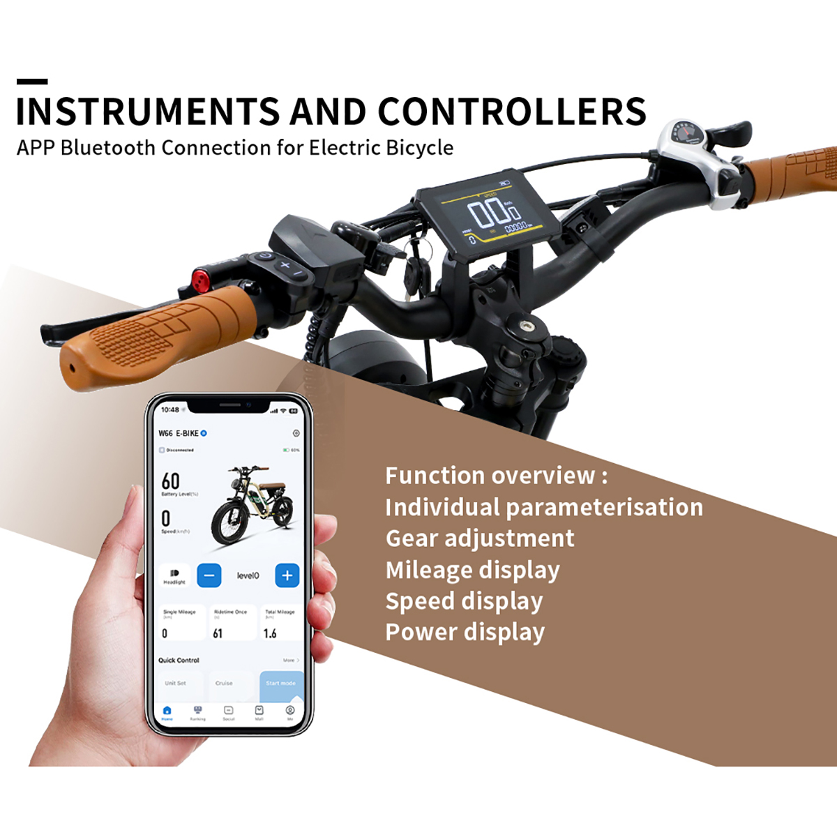 Kierownica roweru elektrycznego, telefon z ekranem aplikacji i inf: bieg, prędkość, przebieg, moc.