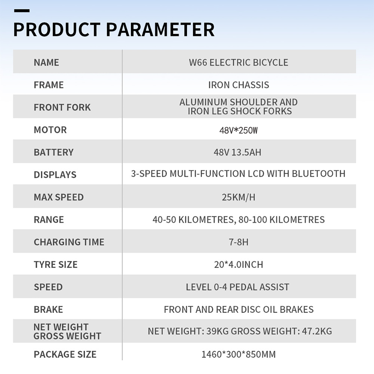 Tabela parametrów produktu dla roweru elektrycznego W66, zawierająca szczegóły dotyczące ramy, silnika, akumulatora, prędkości i innych.