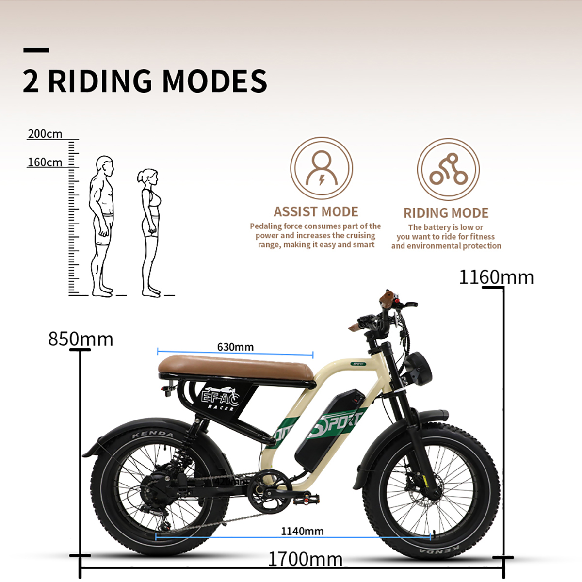 Rower elektryczny z diagramem pokazującym tryby jazdy i wymiary.