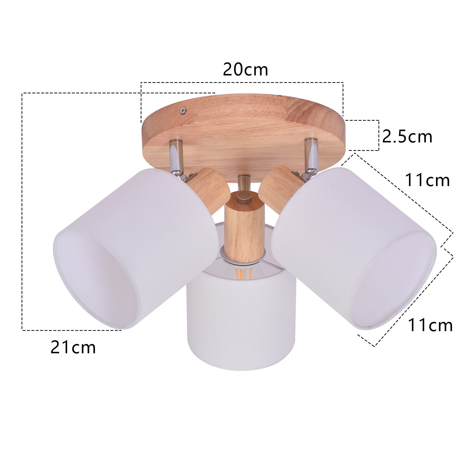 Lampada da soffitto con tre paralumi bianchi, con misure in centimetri, su sfondo bianco.