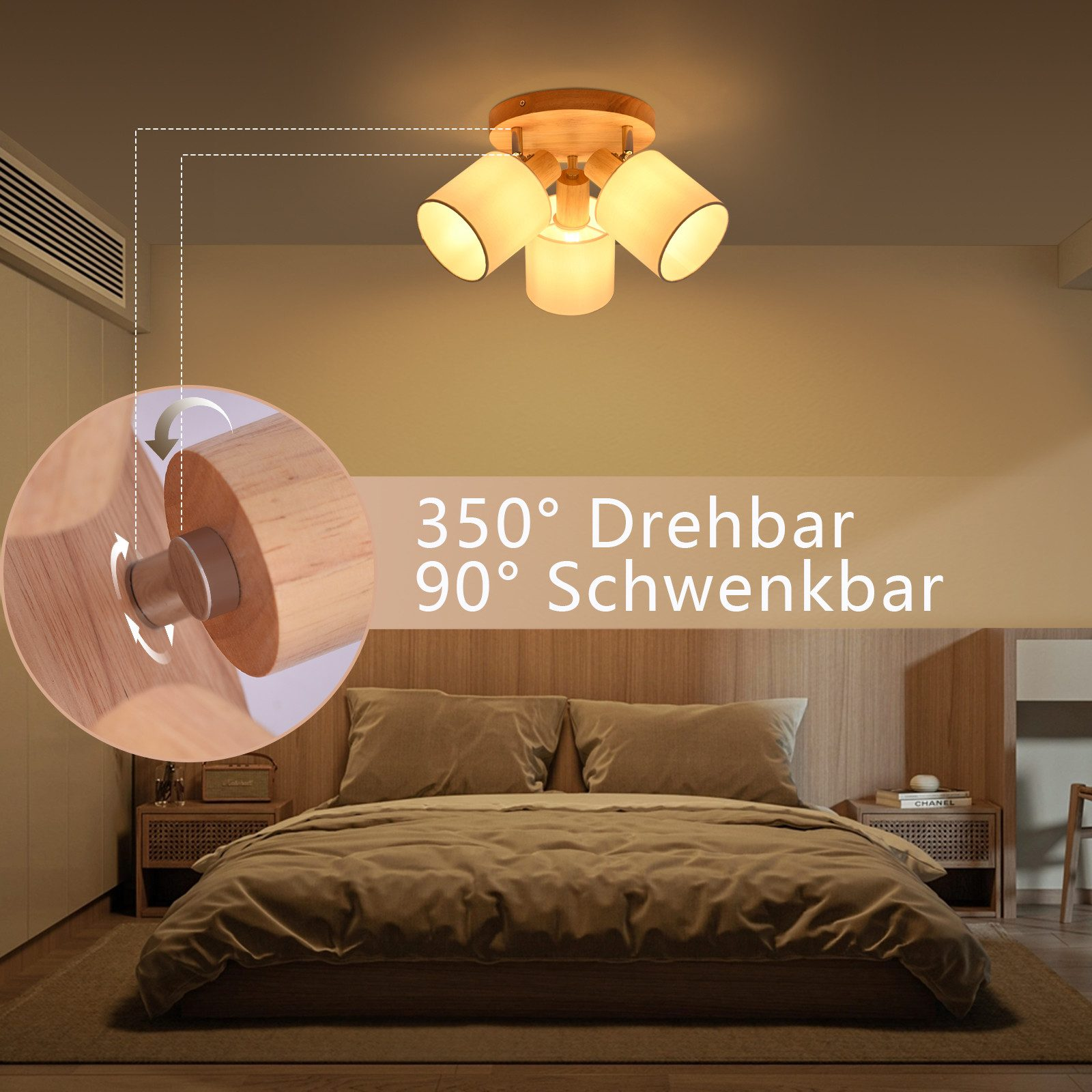 Scena di camera da letto con lampada da soffitto in legno, letto e comodini.