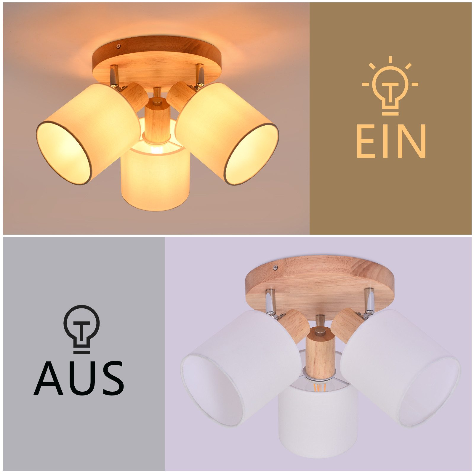 Due immagini di una lampada da soffitto, con tre paralumi bianchi. Un'immagine è illuminata, l'altra è spenta.