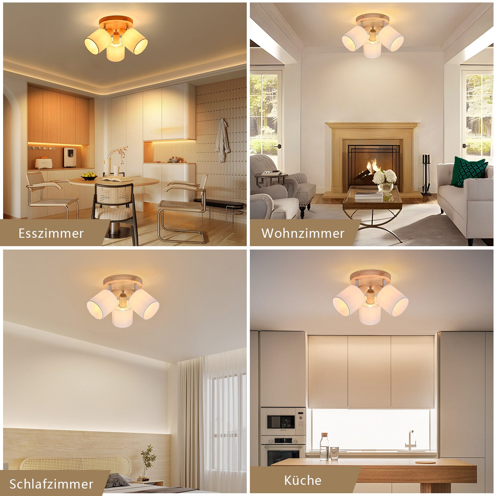 Quattro immagini di stanze con luci a soffitto, etichettate: Sala da pranzo, Soggiorno, Camera da letto, Cucina.