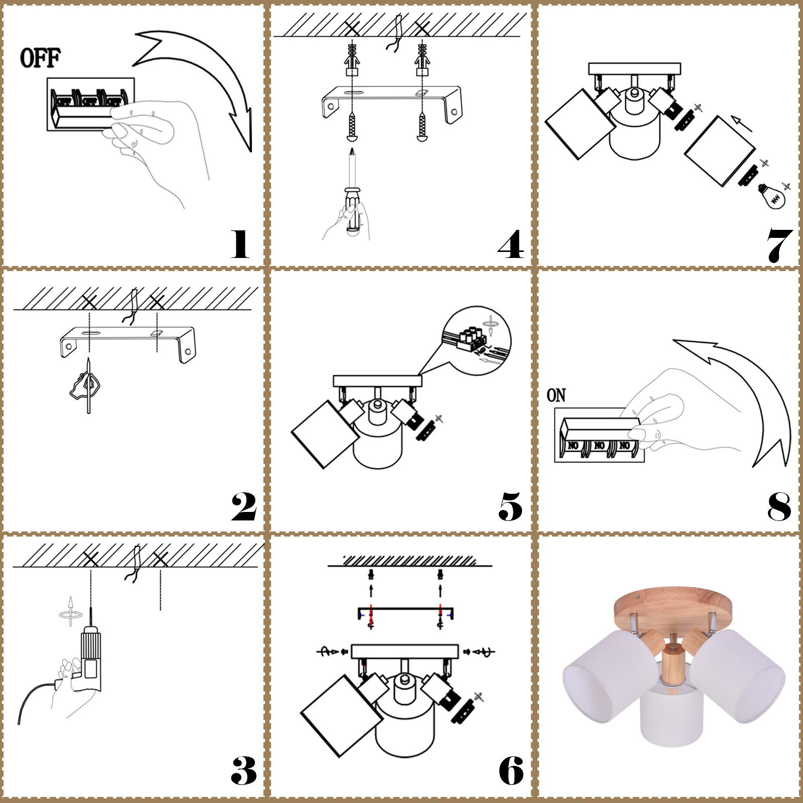 Passaggi illustrati per installare una lampada da soffitto a tre luci. Mostra il processo da OFF a ON.